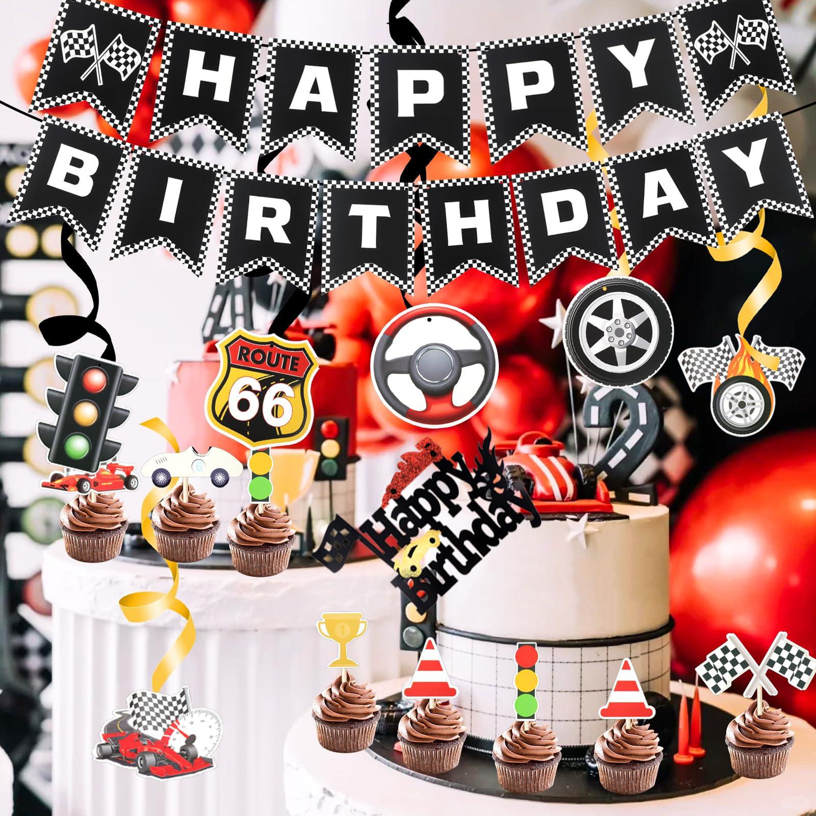 25Pcs Race Car Birthday Party Decorations Set Include Race Car Happy Birthday Banner Race Car Birthday Cupcake Toppers Race Car Garland Hanging Swirls Racing Themed Birthday Party Supplies - Image 7