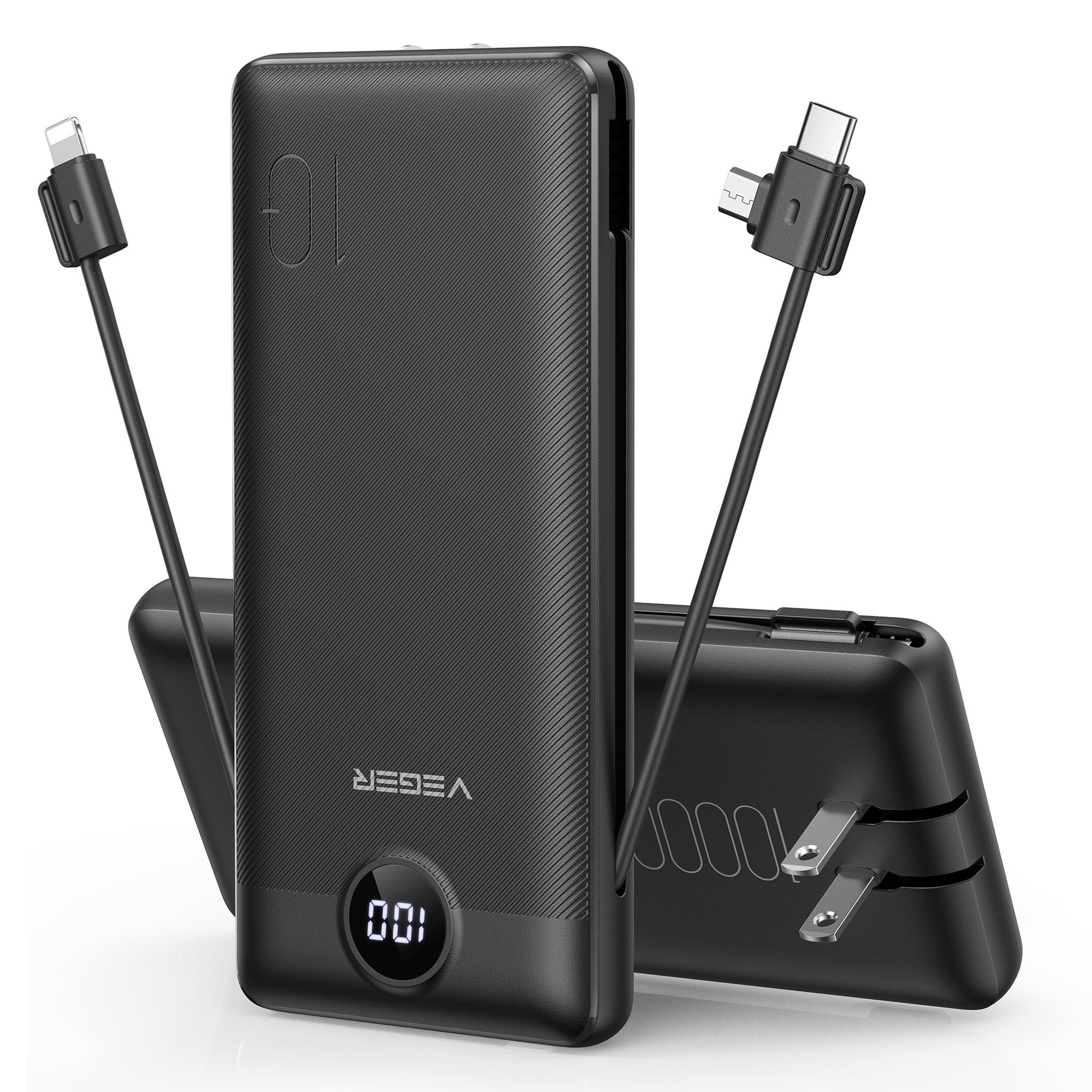 VEGER Portable Charger for iPhone Built in Cables and Wall Plug, 10000mah Slim Fast Charging USB C Power Bank, Travel Essential Battery Pack Compatible with iPhones, iPad, Samsung More Devices(Black)