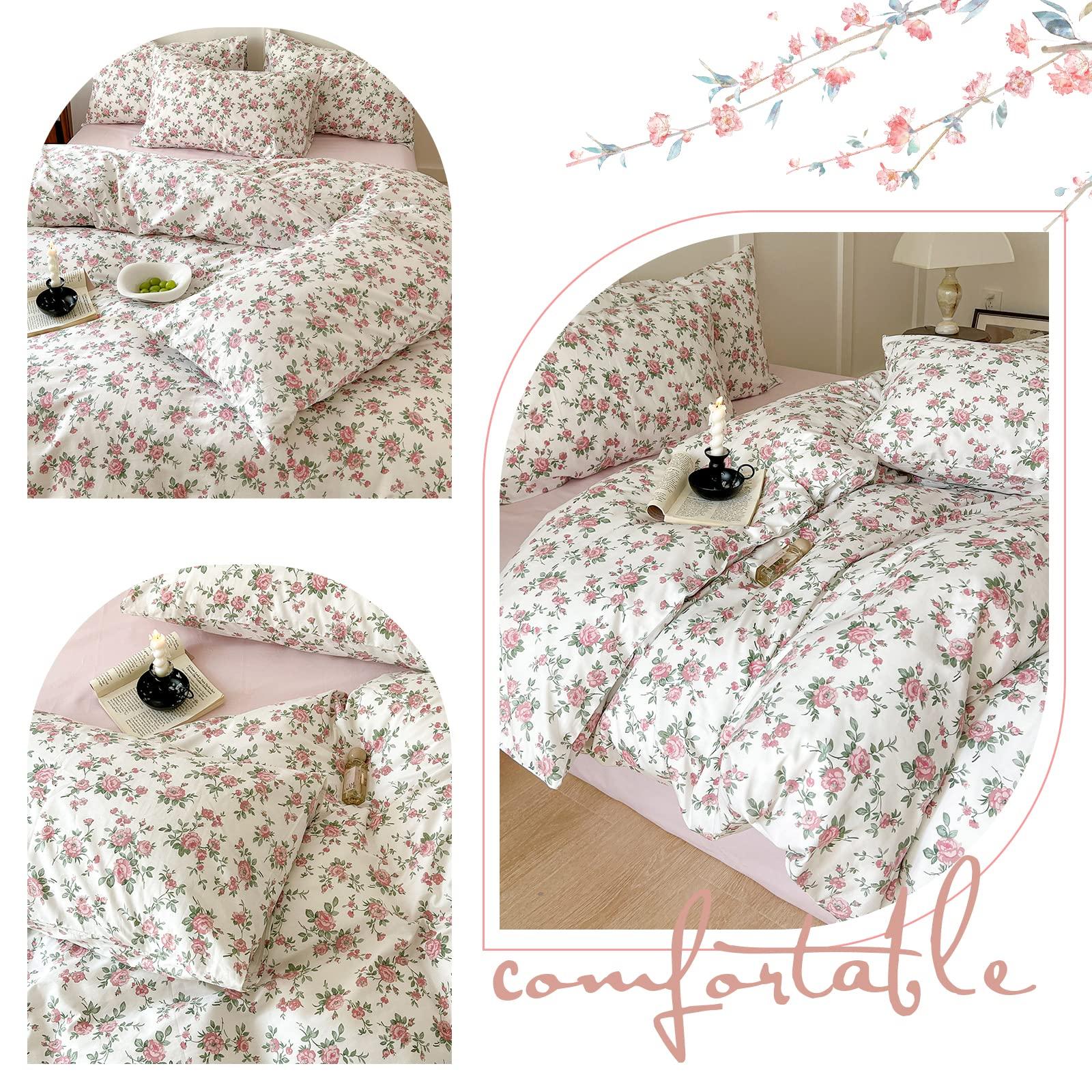 Pink Floral Duvet Cover Queen Soft Cotton Girls Cottagecore Bedding Set Botanical Peach Flower Comforter Cover with Zipper Closure Vintage Country Bedding Aesthetic Duvet Cover with 2 Pillowcases - Image 3