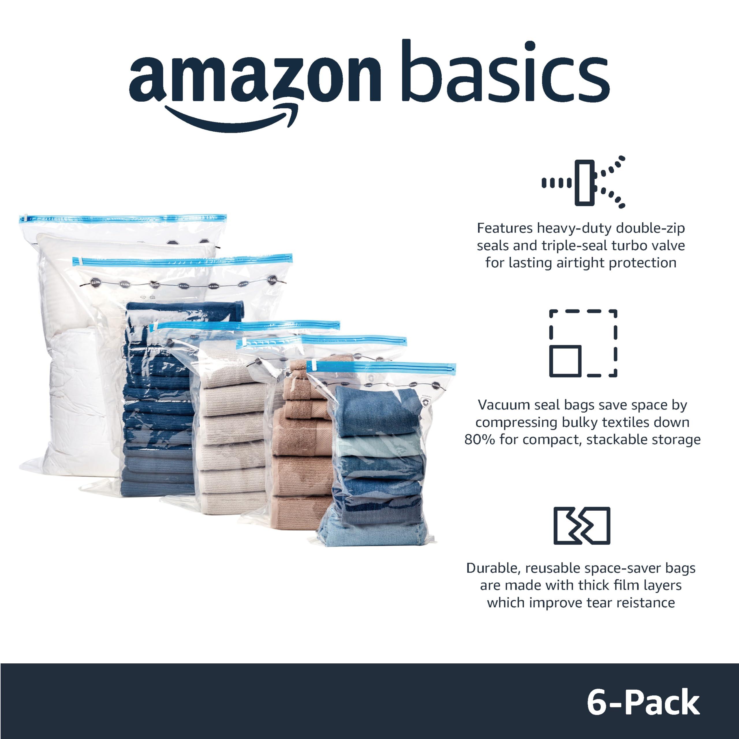 Amazon Basics Multiple Vacuum Compression Zipper Storage Bags for Space Saving and Travel with Hand Pump, 6-Pack (2 Jumbo, 2 Large, 2 Medium), Transparent - Image 3