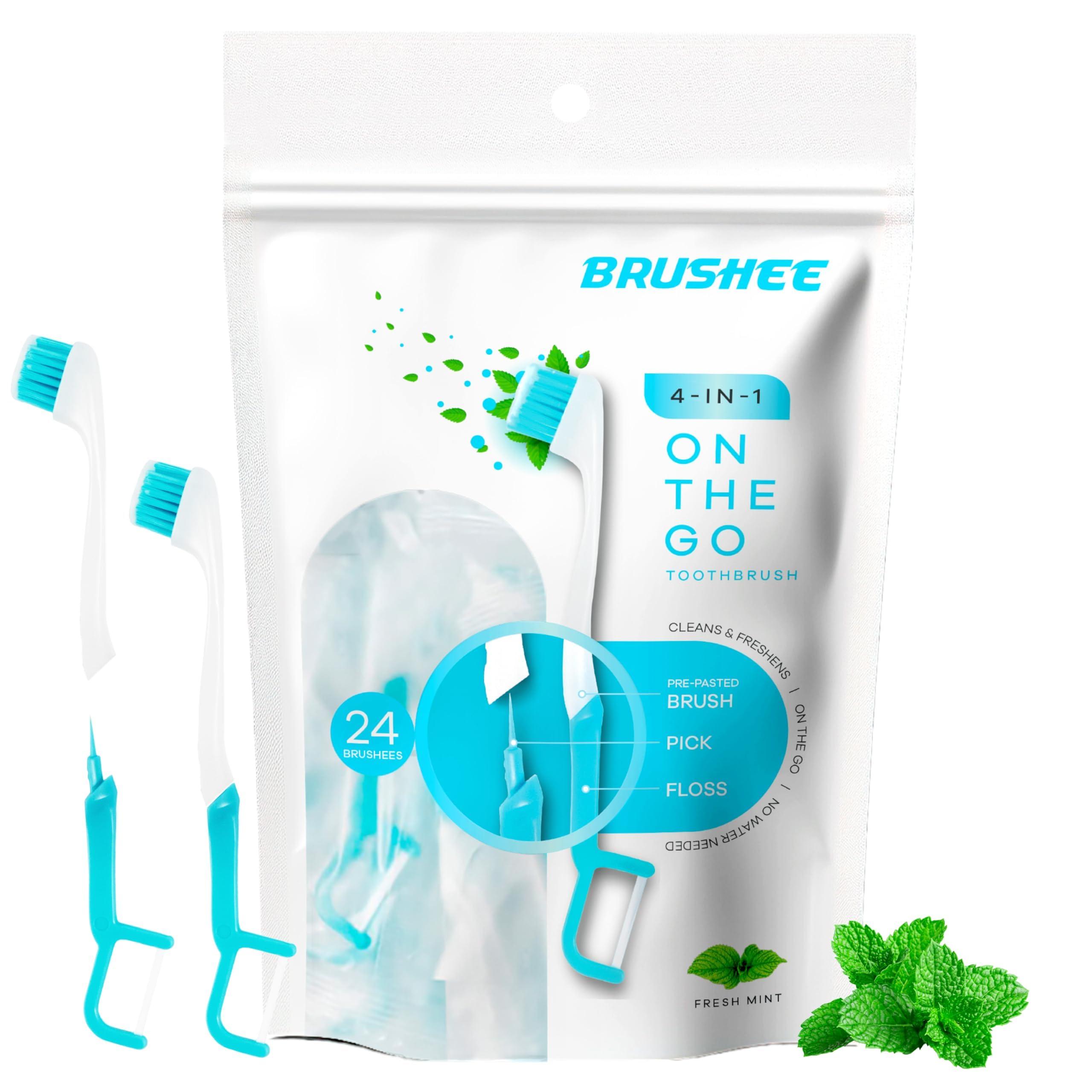 Brushee - The Evolution of Oral Care | 4-in-1 Tool (Paste + Brush + Floss + Pick) | Individually Wrapped | Disposable | Prepasted Travel Toothbrushes | Small Adult Toothbrush - (24-Pack)