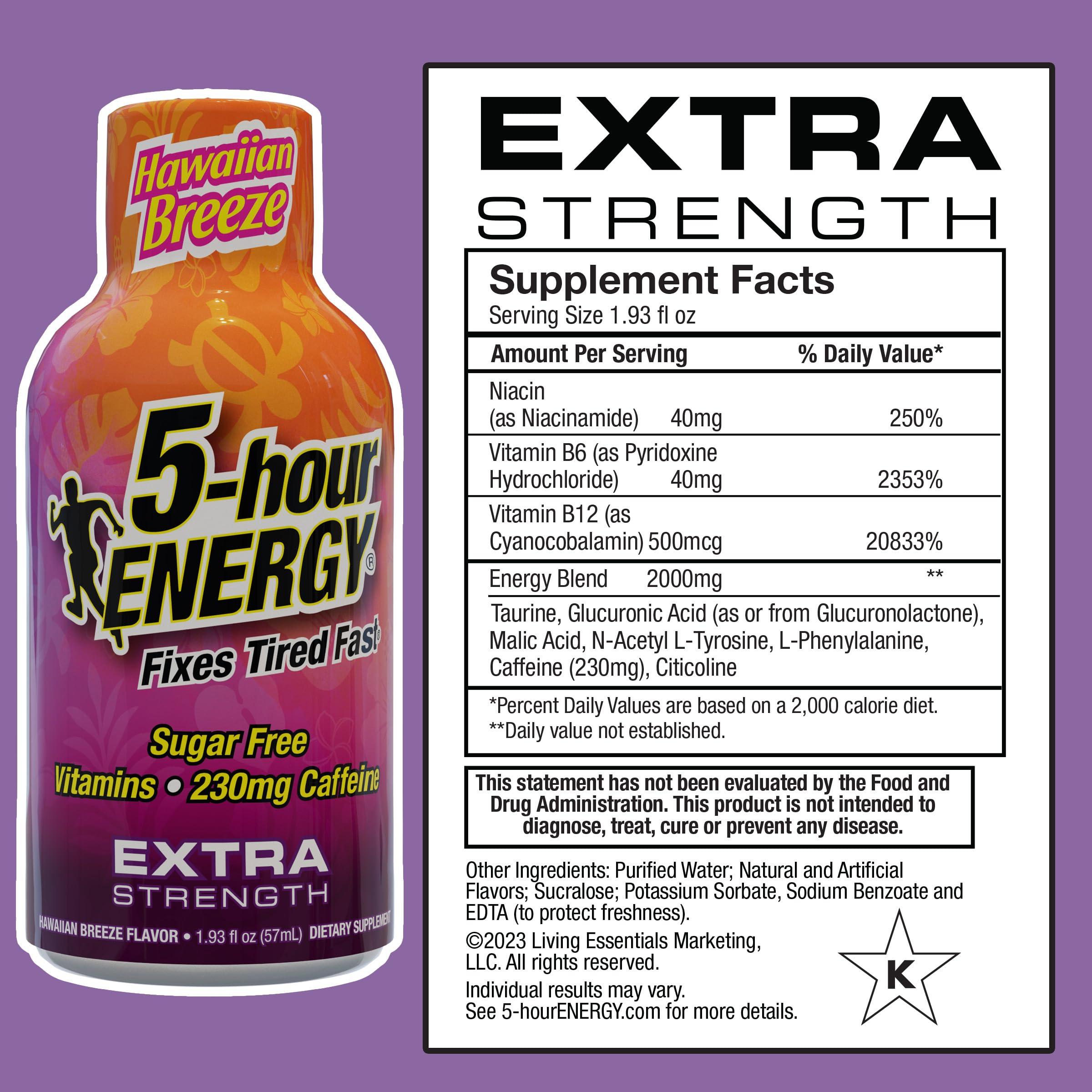 5-hour ENERGY Extra Strength Energy Shot, Hawaiian Breeze Flavor (1.93 oz. - 24 Count) Zero Calories & Sugar-Free 230 mg Caffeinated Energy Shot, Amino Acids & B Vitamins, Dietary Supplements - Image 2