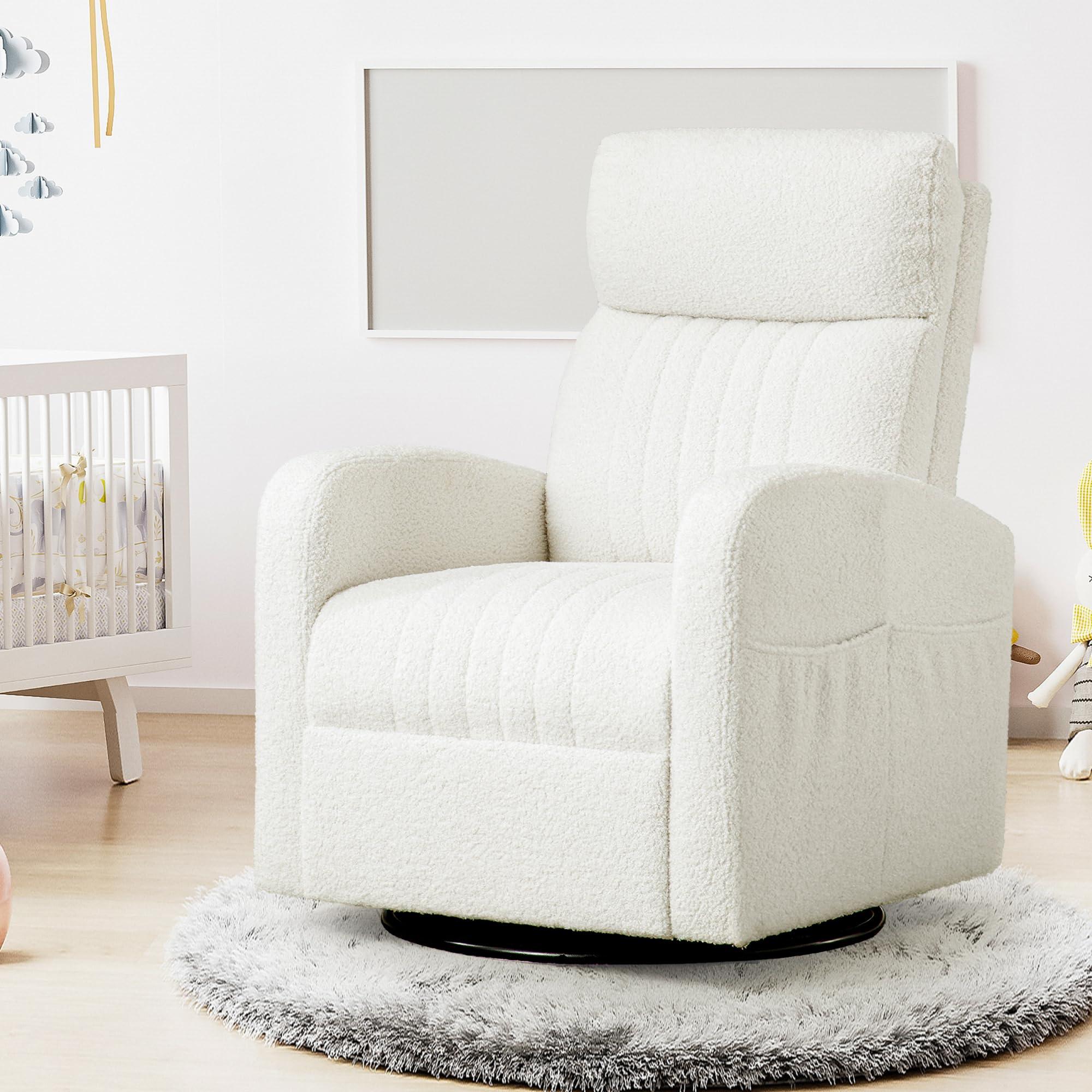 AEMEIOS Swivel Glider Rocking Chair, Boucle Swivel Rocker Chair for Nursery, Morden Gliding Nursing Chairs with High Back for Living Room, Bedroom,Teddy White - Image 9