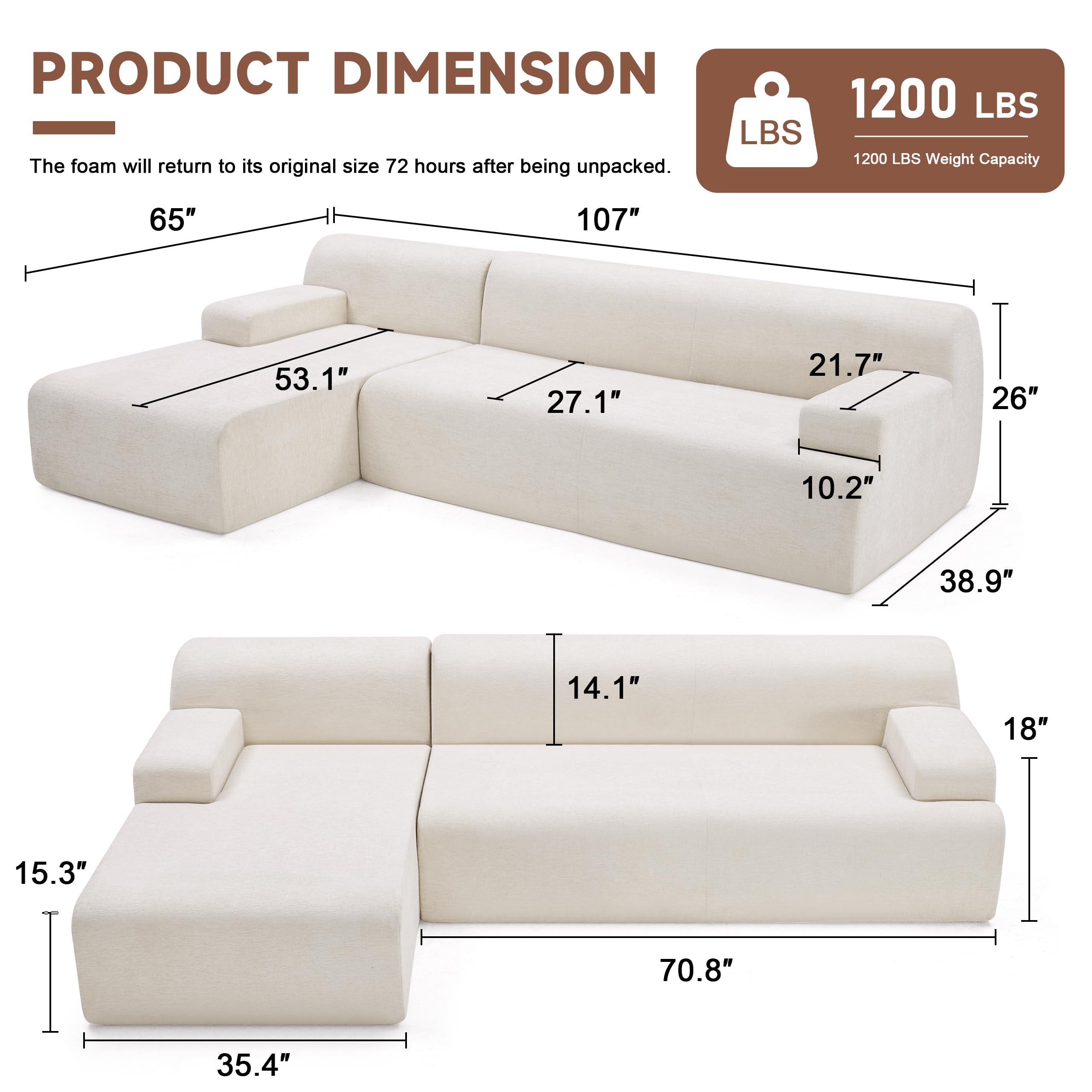 Huatean Home 107" Modular Sectional Sofa, Sponge Sofa for Living Room, High Density Sponges Cloud Couch,Modular L-Shape Sofa Couch with Chaise, (Beige) - Image 2