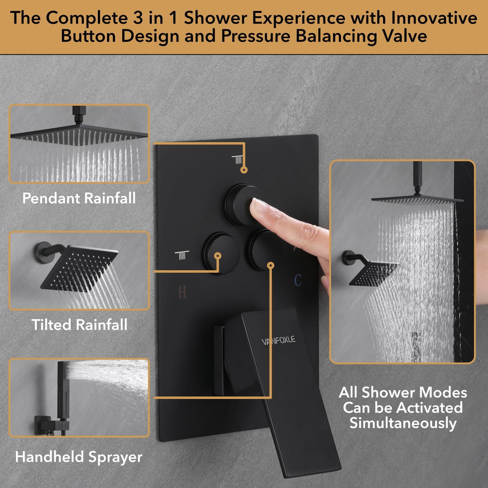 VANFOXLE Shower Faucet Set Matte Black Shower System,Push Button Diverter Shower Faucet with 2 in 1 Handheld,Ceiling Mount 10 Inch Shower Head with 6 Inch Wall Mount Shower Head - Image 5