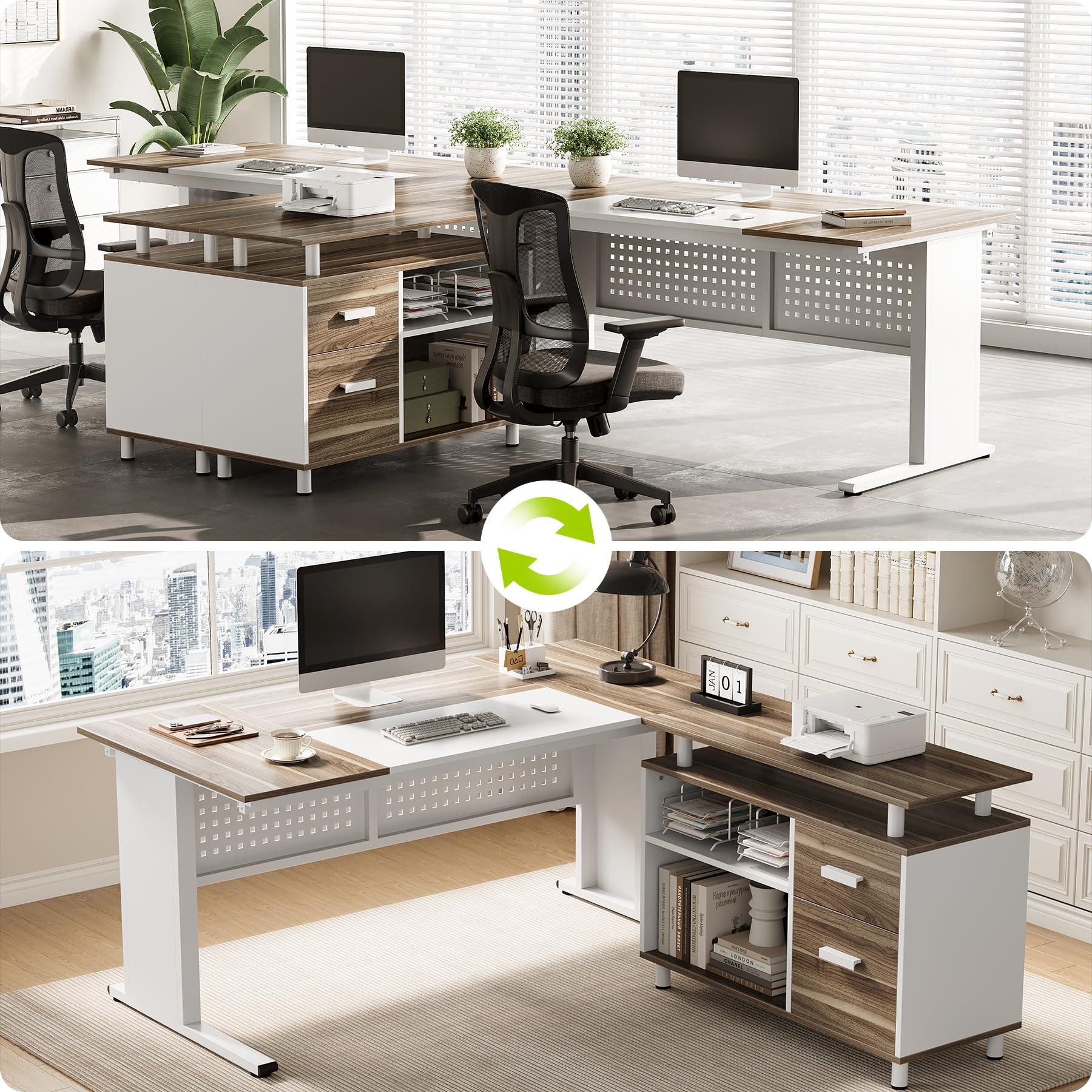 LITTLE TREE Large Computer Desk with File Cabinet, 63 Inch Executive Desk L Shaped Office Desk with Drawers and Storage Shelves, Business Furniture Desk Workstation for Home Office - Image 5