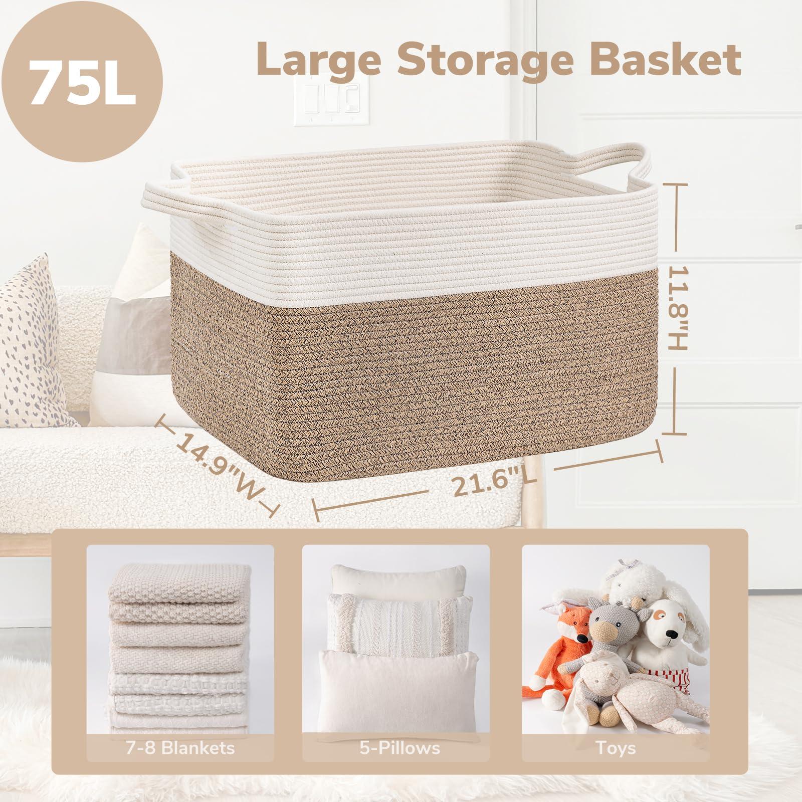 Goodpick Large Woven Blanket Basket, 21.6" x 14.9" x 11.8" Storage Baskets for Organizing, Rectangle Cotton Rope Toy Basket for Living Room, Bedroom, White & Brown - Image 2