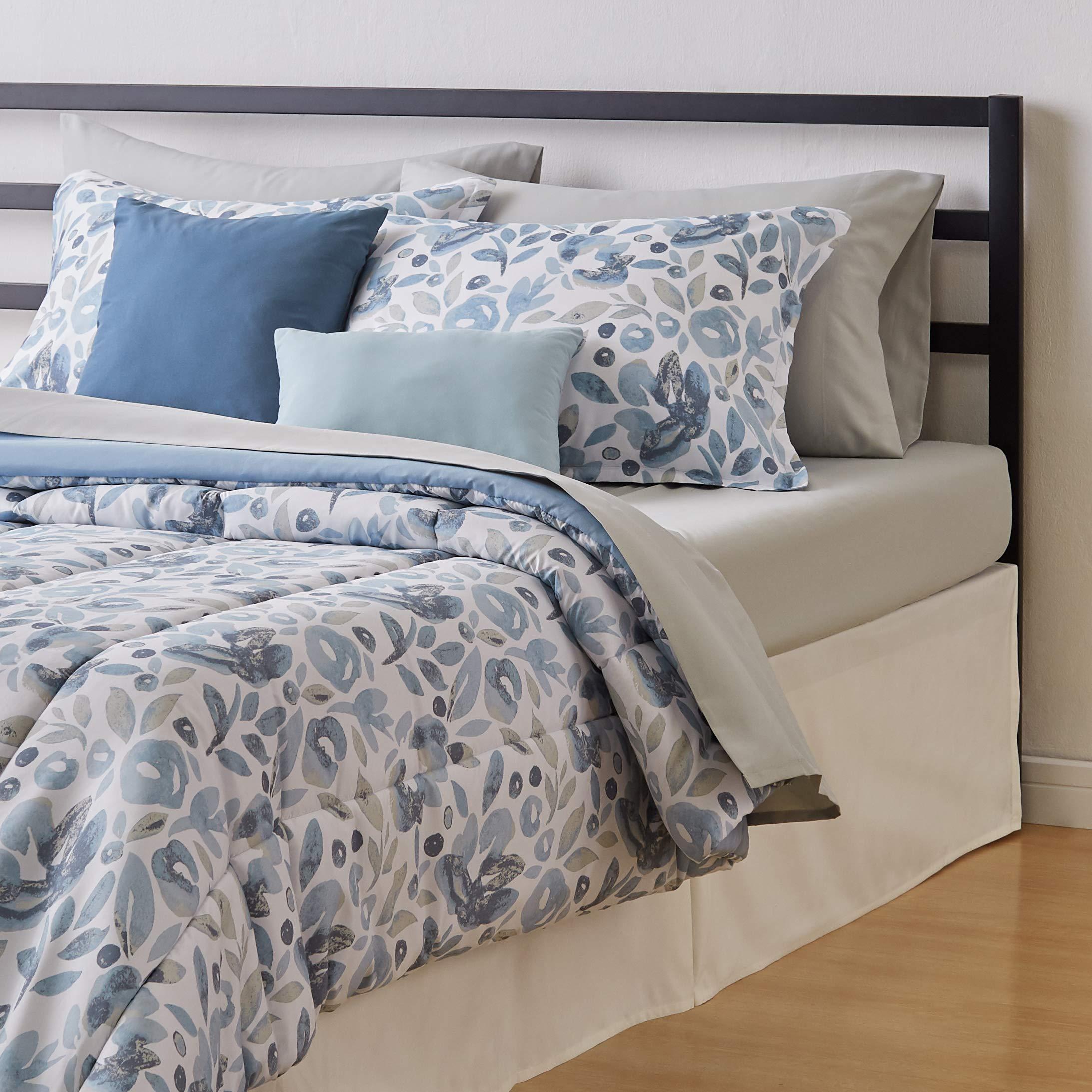 Amazon Basics Queen Comforter Set, Soft Microfiber, Machine Washable, Blue Watercolor Floral, 10-Piece - Image 2