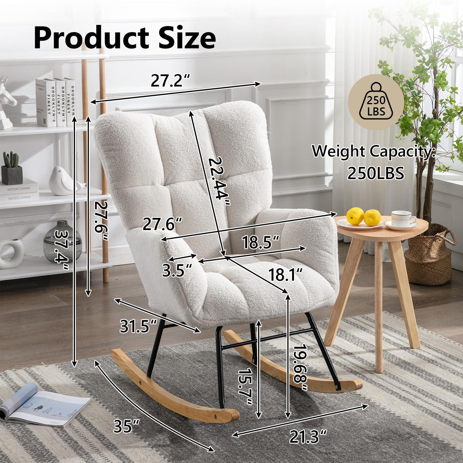 NIOIIKIT Nursery Rocking Chair Teddy Upholstered Glider Rocker Rocking Accent Chair Padded Seat with High Backrest Armchair Comfy Side Chair for Living Room Bedroom Offices (Ivory Teddy) - Image 2