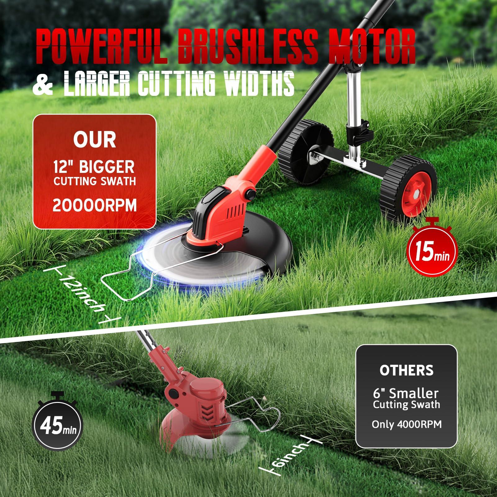 20000 RPM Electric Weed Wacker with Wheel,12″ Brushless Cordless Weed Eater Battery Powered, 4-in-1 Brush Cutter/String Trimmer/Grass Trimmer/Lawn Mower,Edger Stringless Weed Trimmer,5 Blade,2 Battery - Image 6