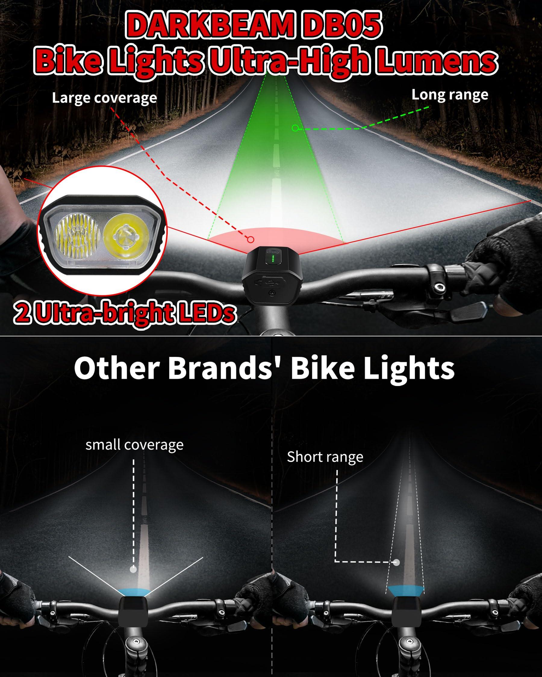DARKBEAM Bike Headlight Rechargeable USB-C, Bicycle Lights 4000LM Ultra Bright, Mountain Bike Light Set for Night Riding, 6+5 Mode Waterproof Front Bike Light & Rear Light for Road, Cycling - Image 2