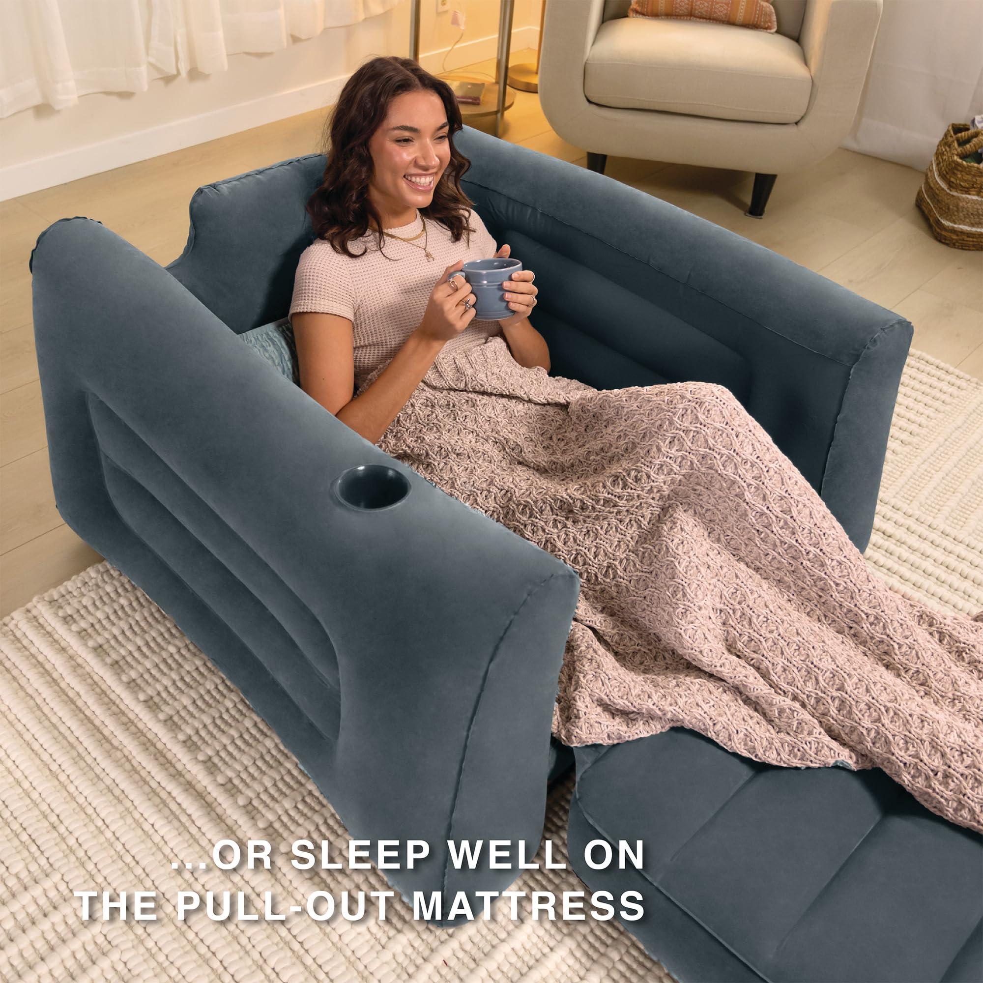 Intex 66551EP Inflatable Pull-Out Chair: Built-in Cupholder – Velvety Surface – 2-in-1 Valve – Folds Compactly – 80" x 91" x 26" - Image 6