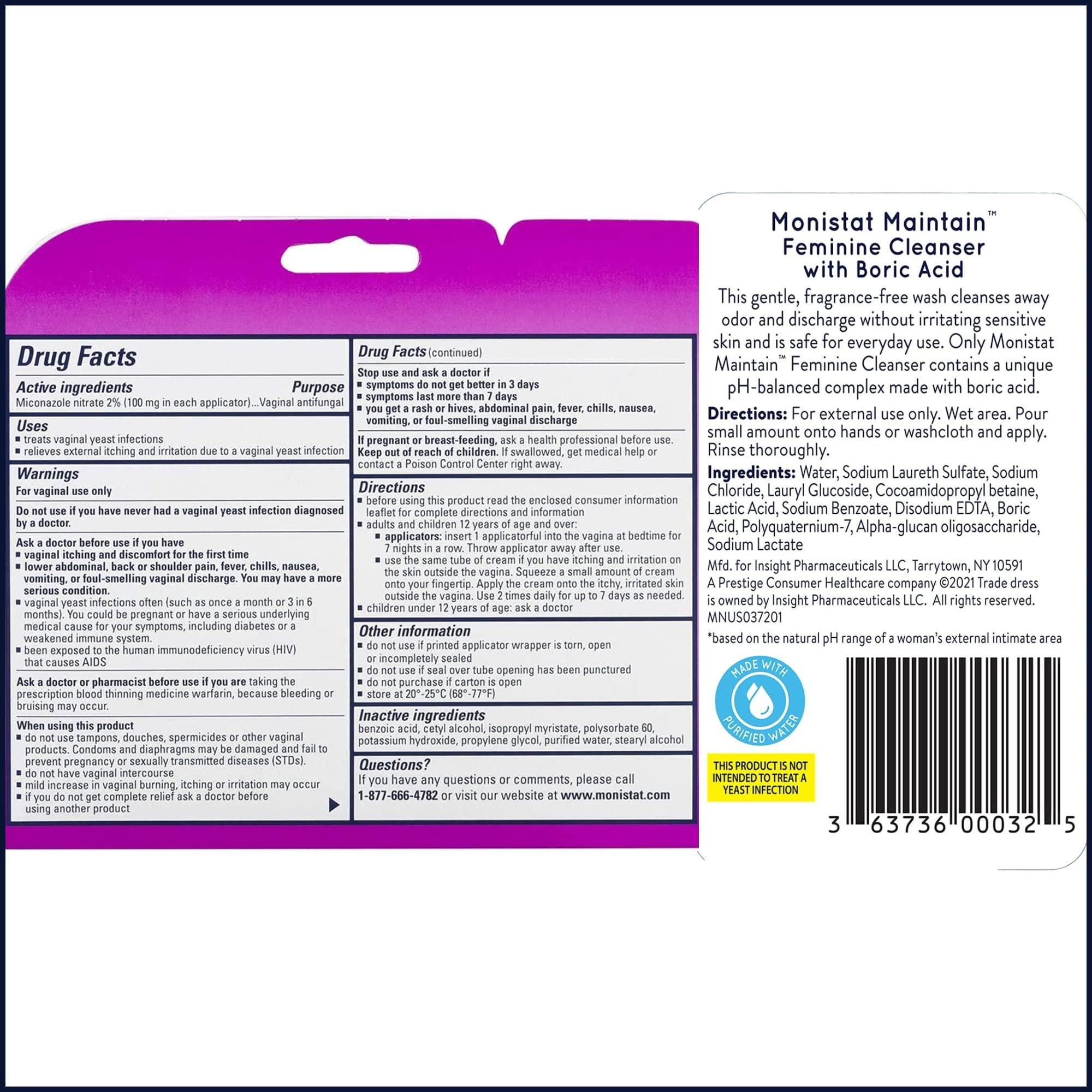 Monistat 7 Day Yeast Infection Treatment for Women, 7 Miconazole Cream Applications with Disposable Applicators + 10 fl oz Boric Acid Feminine Cleanser - Image 2