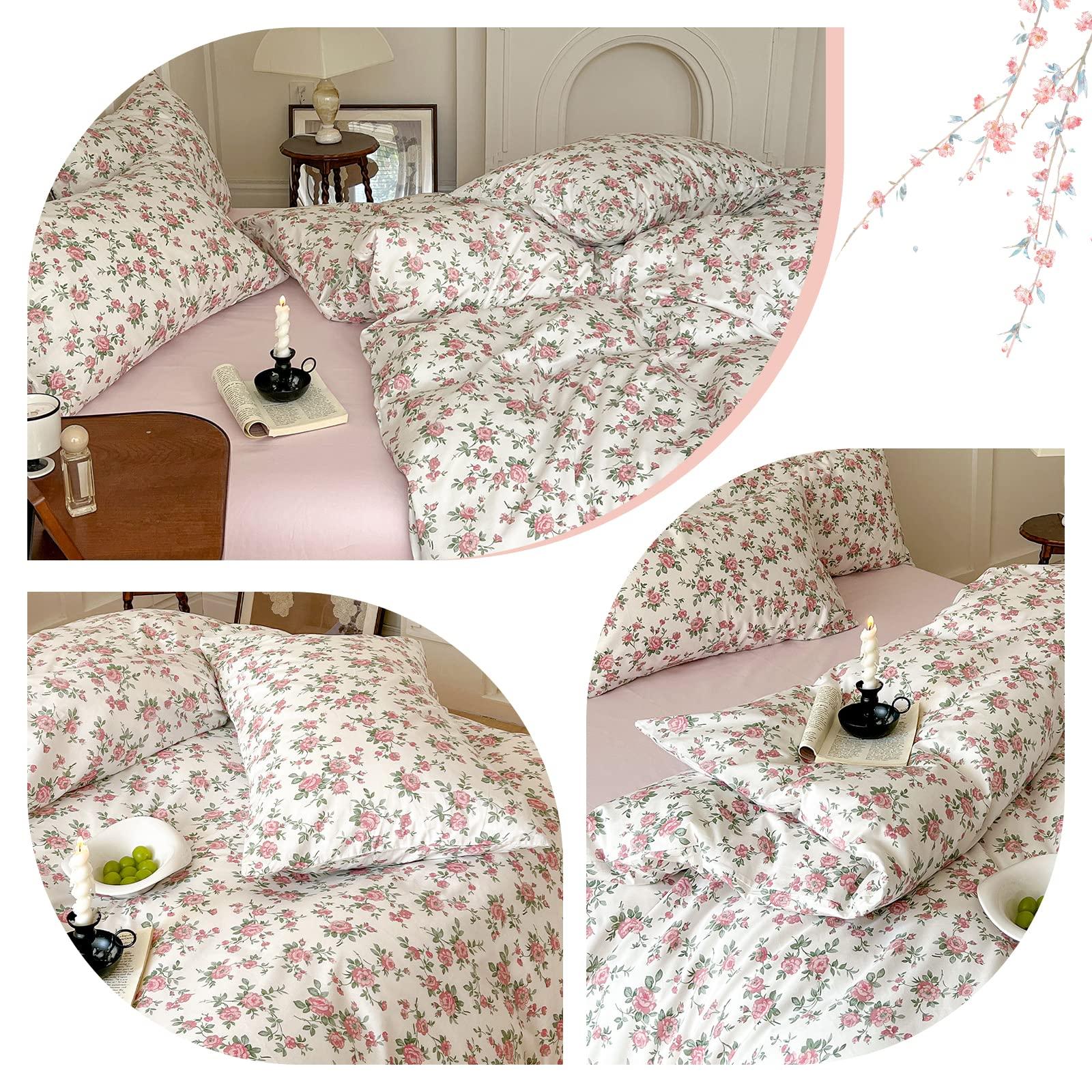 Pink Floral Duvet Cover Queen Soft Cotton Girls Cottagecore Bedding Set Botanical Peach Flower Comforter Cover with Zipper Closure Vintage Country Bedding Aesthetic Duvet Cover with 2 Pillowcases - Image 4