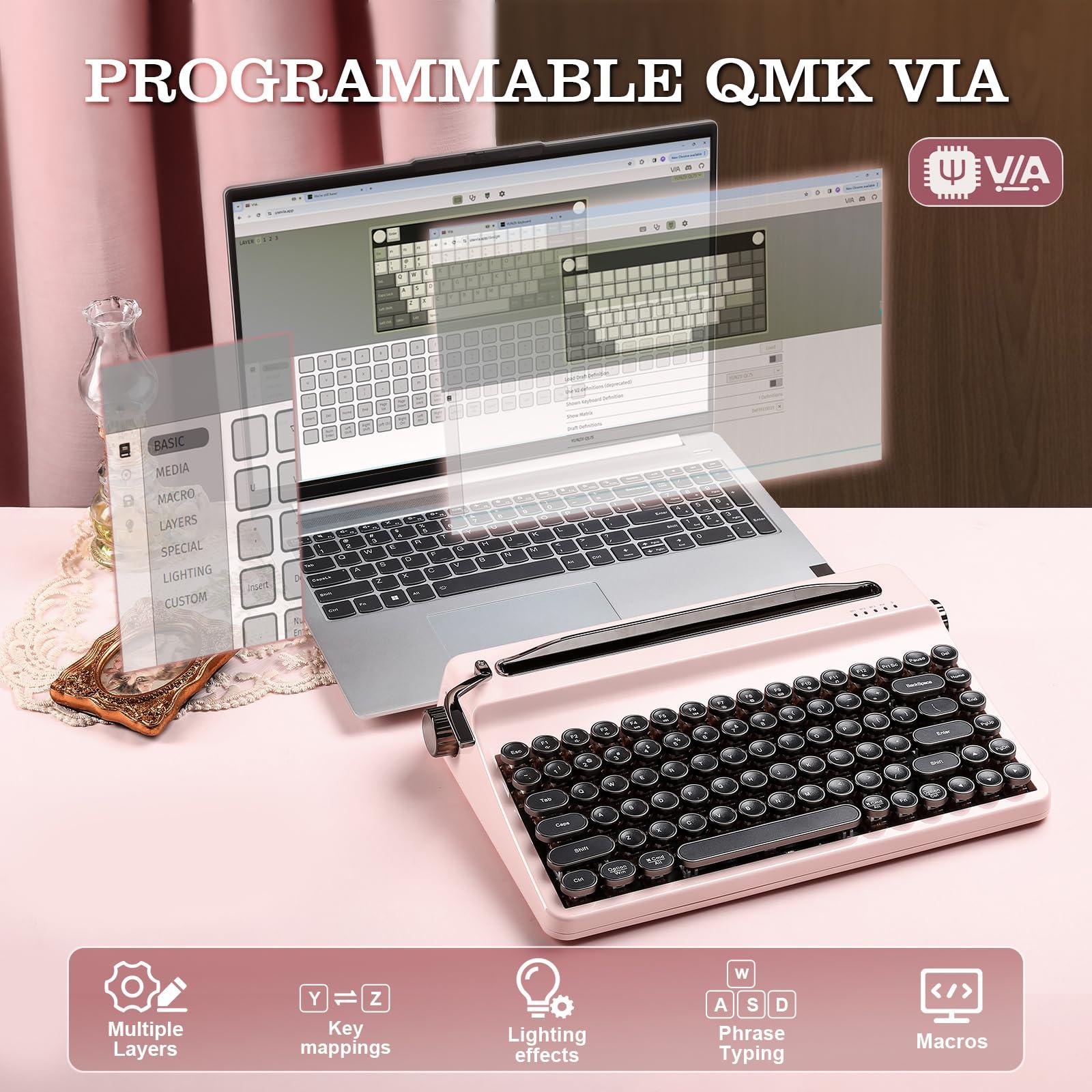 YUNZII QL75 Wireless Typewriter Hot Swap Retro Mechanical Keyboard,Punk Round Keycaps,RGB Backlit QMK/VIA Programmable,Multi-Device Keyboard with 2.4GHz/Type-C/BT5.0 (Pink, Cocoa Cream V2 Switch) - Image 6