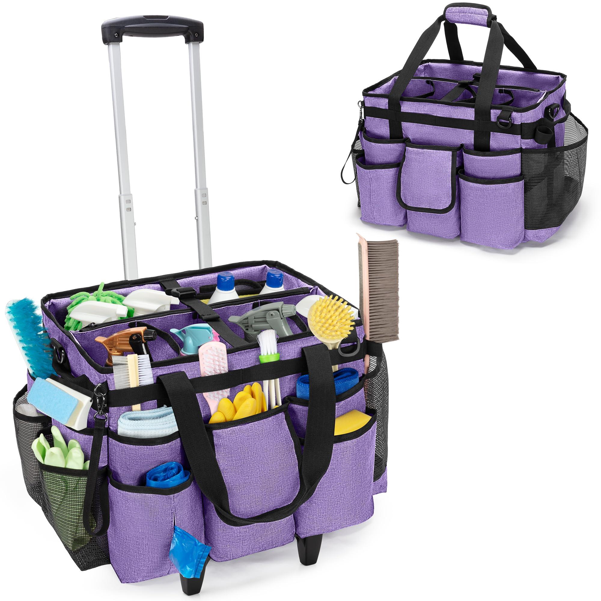 LoDrid Rolling Cleaning Bag with Detachable Trolley, Professional Cleaning Caddy with Shoulder Strap for Housekeepers, Portable Cart on Wheels for Supplies, Purple (Patent Design)