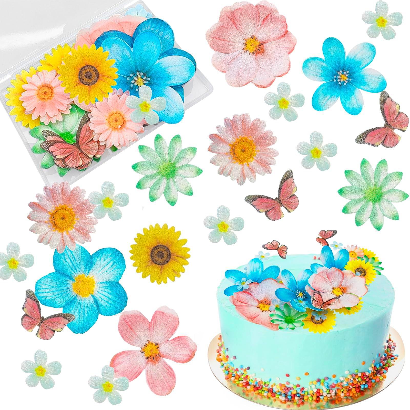 Morofme 55pcs Edible Flower Butterflies Cake Topper Wafer Paper Flower Cupcake Toppers Hawaiian Flower Cake Decorations Mixed Size for Tropical Luau Themed Birthday Baby Shower Party Supplies