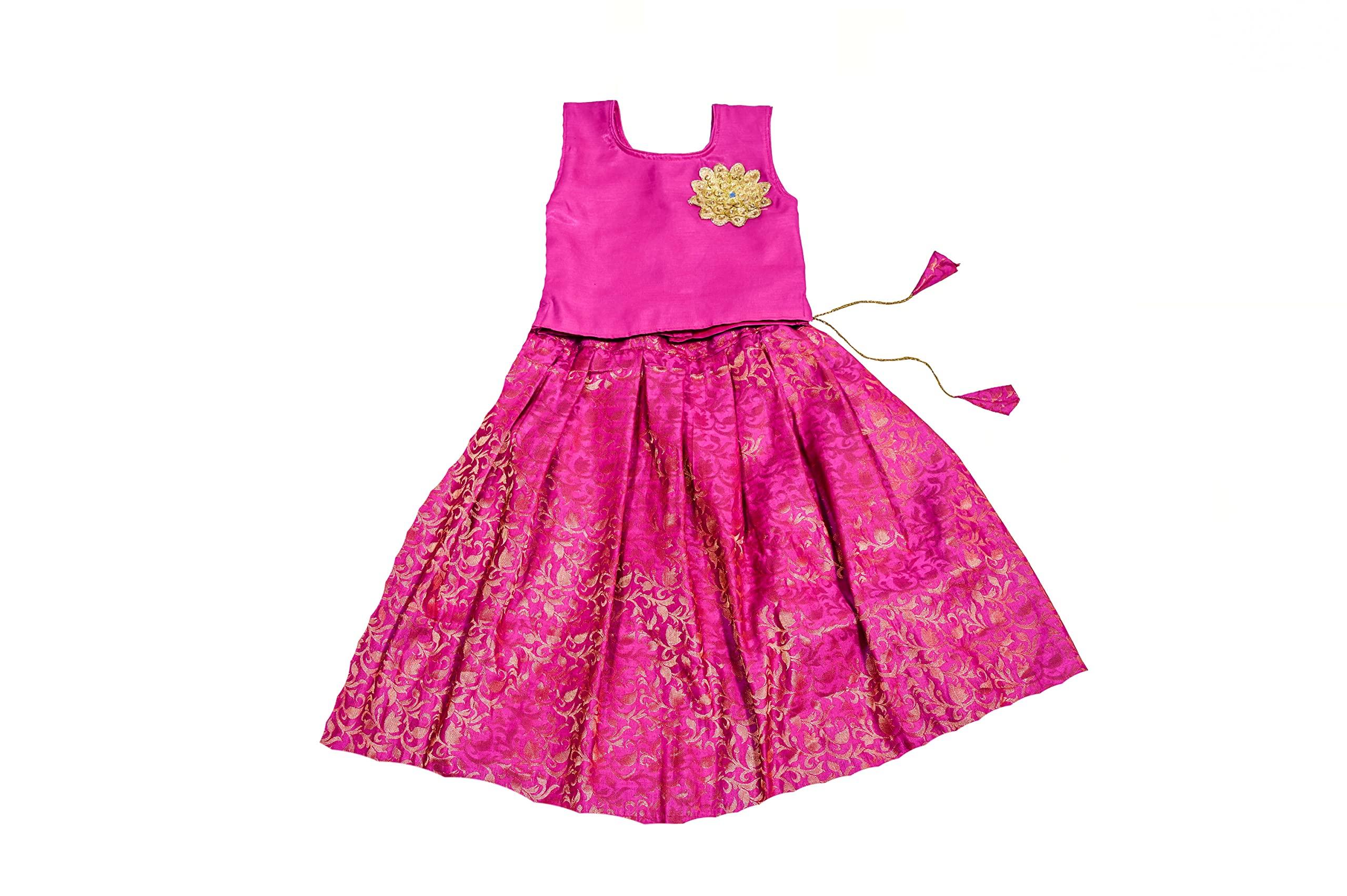 TRADITION INDIA Green Dupion Silk Lehenga Choli Set, Kids Sleeveless Lehenga Choli - Image 1