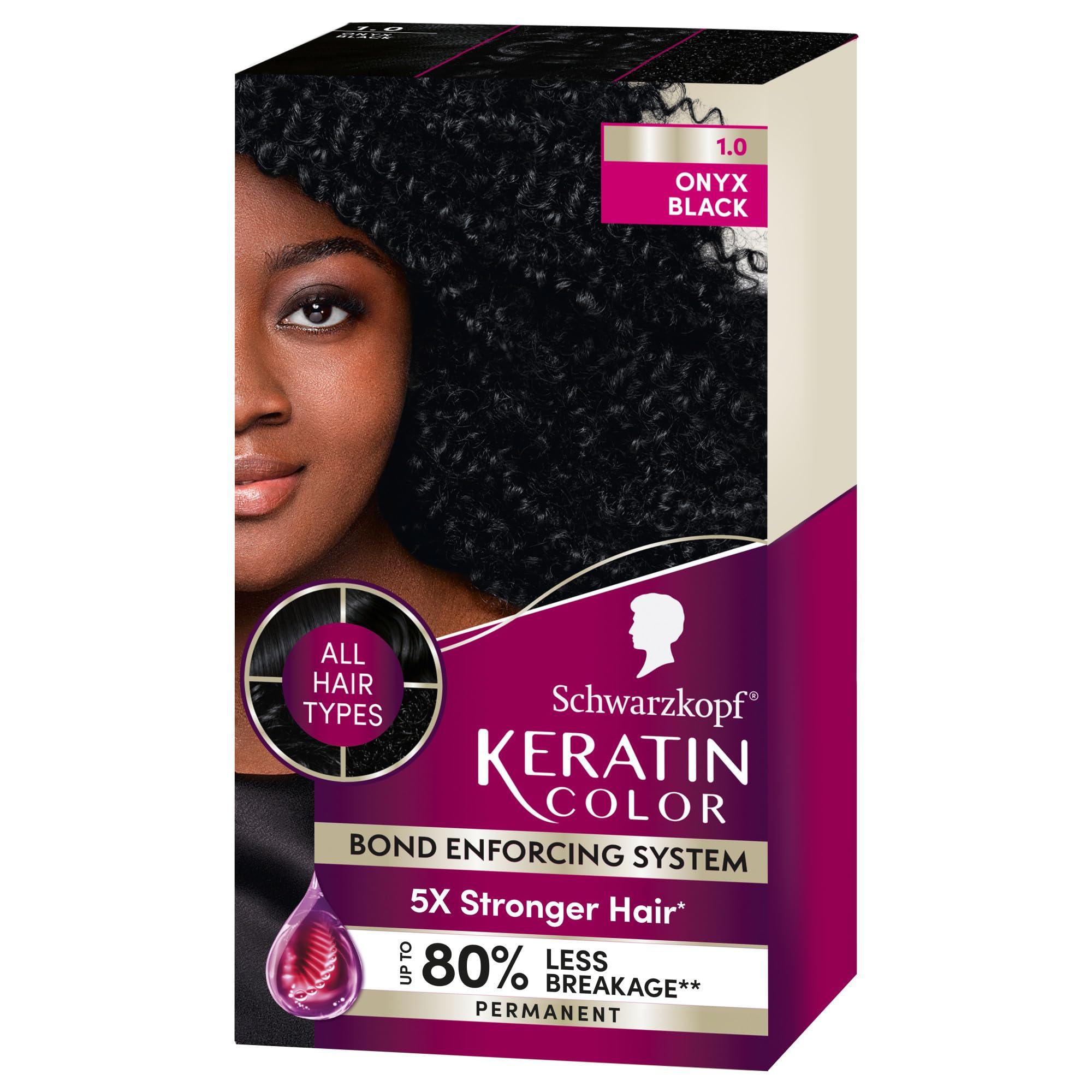 Schwarzkopf Keratin Color Permanent Hair Color, 1.0 Black Onyx, 1 Application - Salon Inspired Permanent Hair Dye, for up to 80% Less Breakage vs Untreated Hair and up to 100% Gray Coverage - Image 1