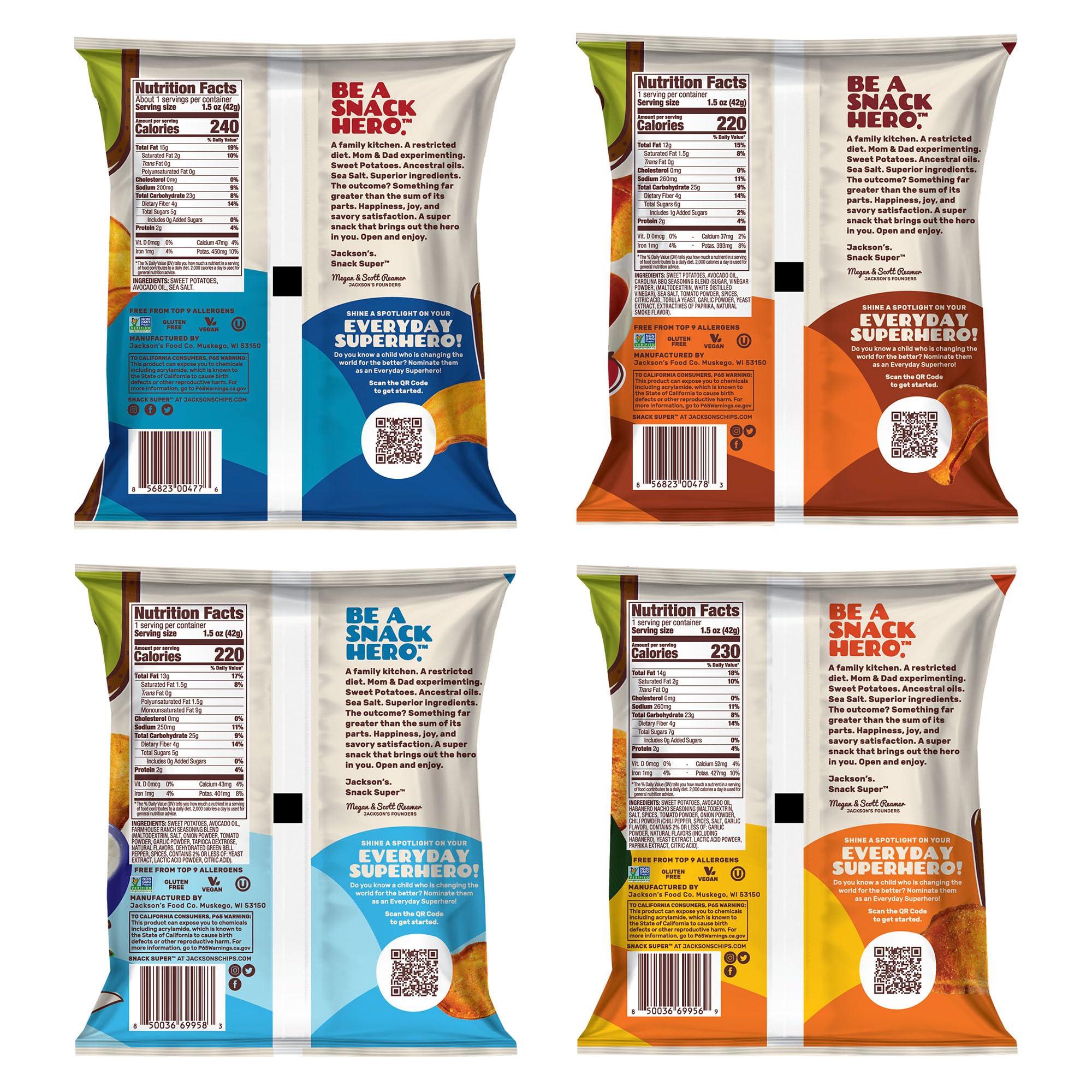 Jackson’s Sweet Potato Kettle Chips Avocado Oil Variety Pack made with Premium Oils (1.5 oz, Pack of 10) Sea Salt, Ranch, BBQ, and Habanero Nacho Flavors - Allergen-friendly, Gluten Free, Vegan - Image 4