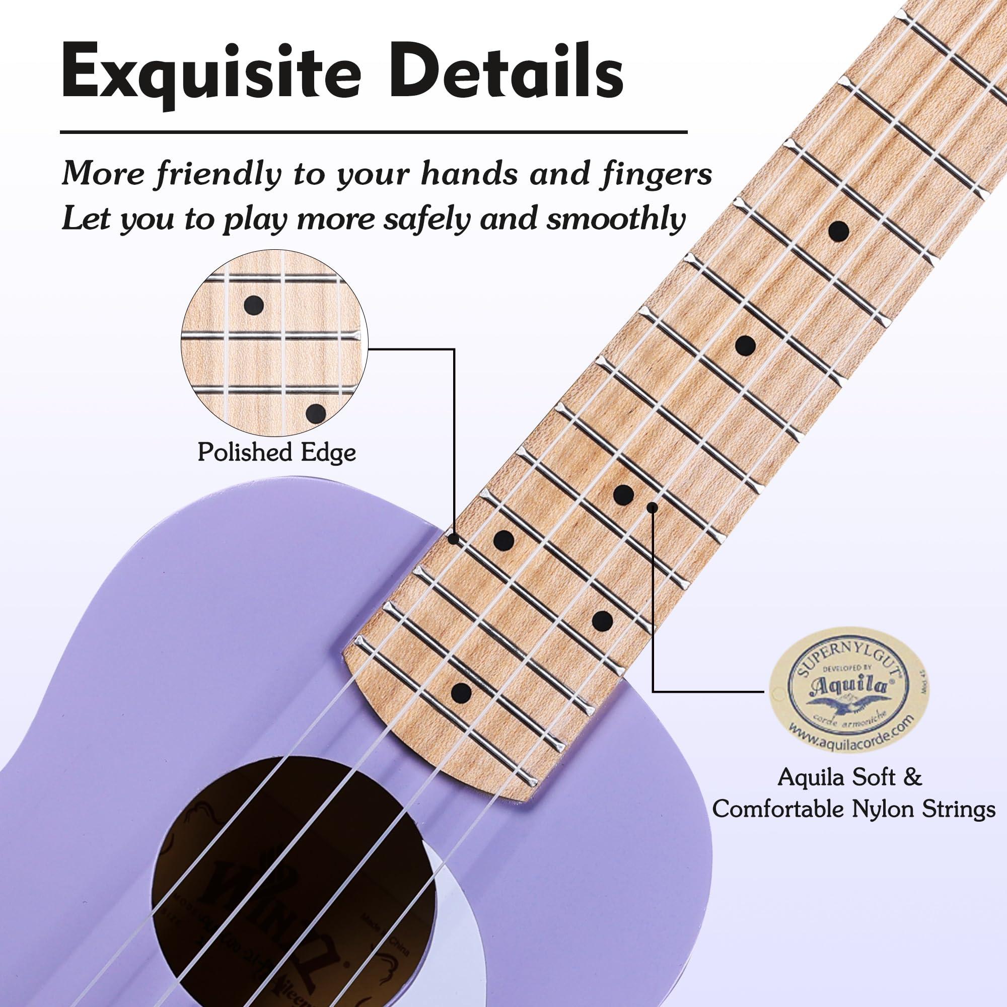 WINZZ Soprano Ukulele for Beginners, 21 Inch Hawaiian Wood Ukelele Kit for Kids Adult Student Starter, Professional Uke Pack Bundle w/Free Lessons, Case, Pickguard, Capo, Strap, Picks, Purple - Image 3