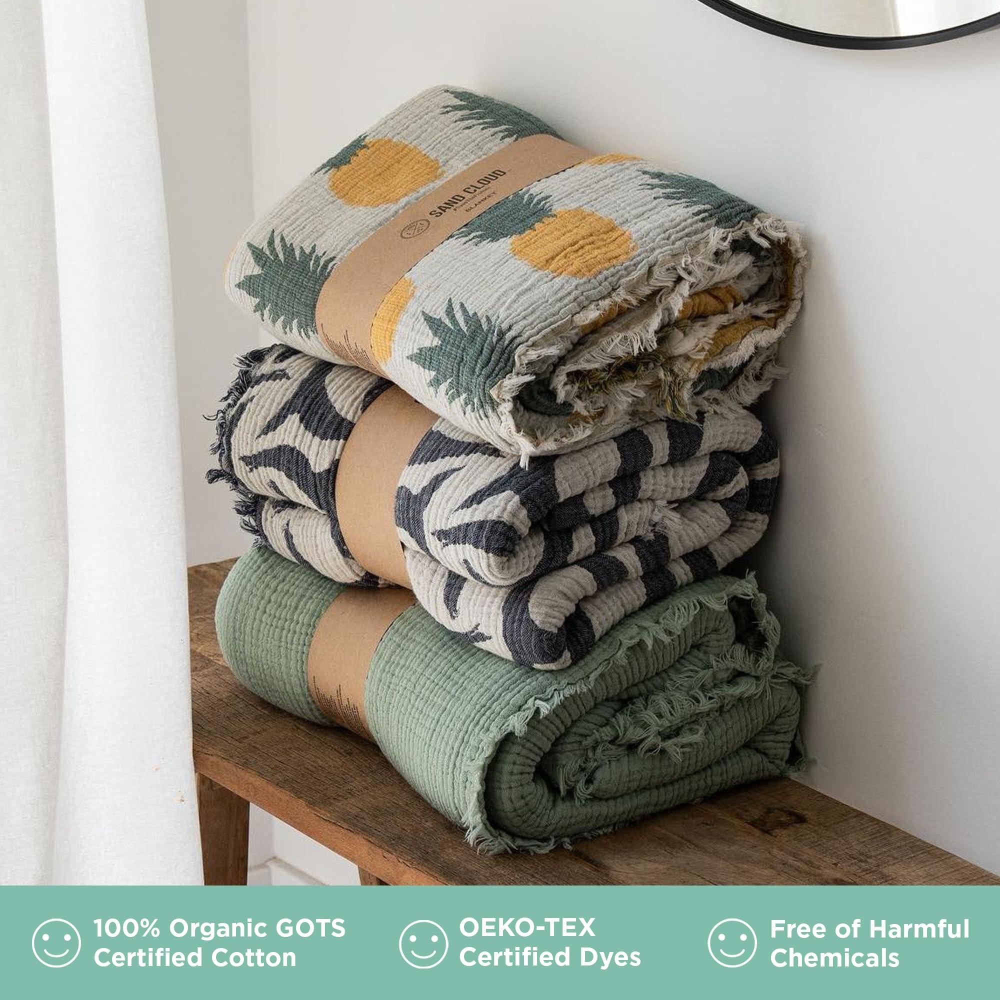 Sand Cloud Extra Large King-Size Turkish Blanket & Comforter (Pineapple Party) - 100% Organic Turkish Cotton & Jacquard Weave with Fringe Tassels - Soft, Comfy & Cozy Throw & Beach Blanket - 90" x 90" - Image 5