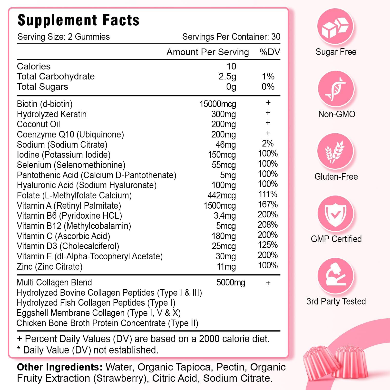 Zetelixia Collagen Gummies for Women Men, Hydrolyzed Collagen Peptide Type I,II,III,V,X with Biotin, Vitamin C A B D E for Skin Hair Nails J0ints, Immunity Energy Digestion, Sugar Free, 60 Count - Image 7