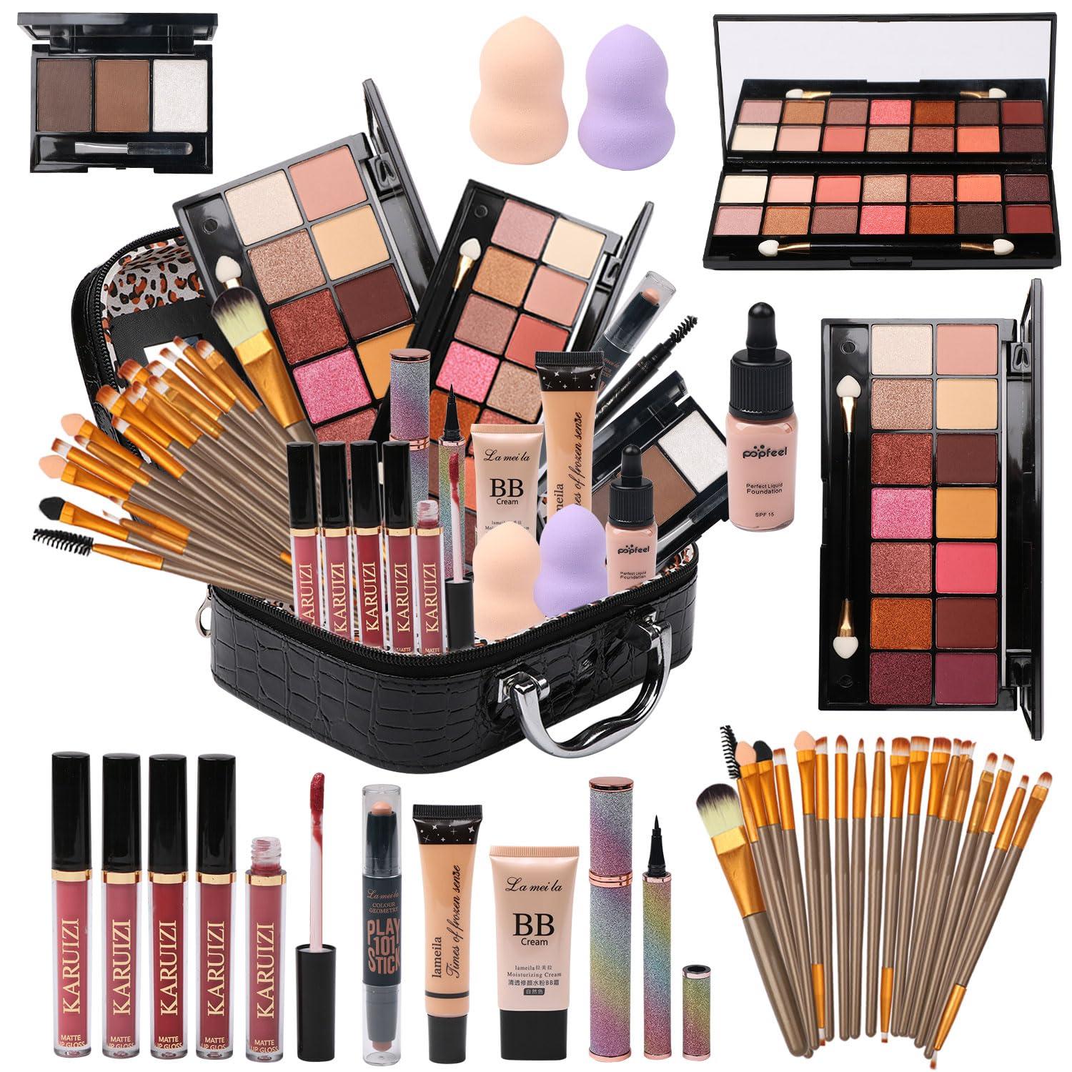 MTDXILTAI All in One Makeup Kit - 2X14 Eyeshadow Palette, Liquid Foundation, Eyeliner Pencils, Contouring Stick, Lip Gloss, 20Pcs Makeup Brushes (Black)