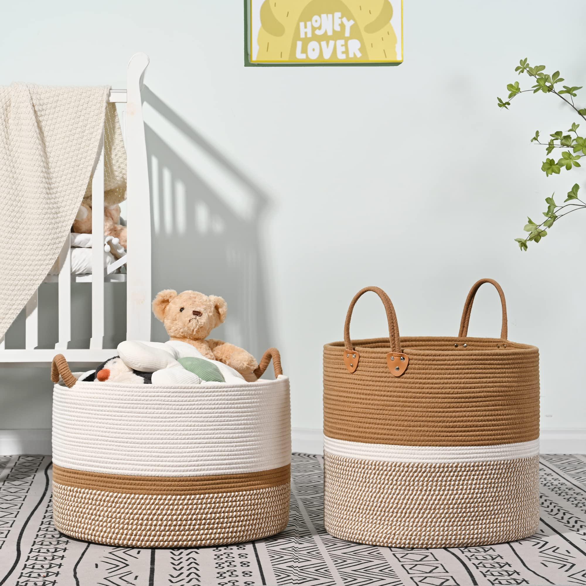KAKAMAY Large Blanket Basket (20"x13"),Woven Baskets for storage Baby Laundry Hamper, Cotton Rope Blanket Basket for Living Room, Laundry, Nursery, Pillows, Baby Toy chest (White/Brown) - Image 7