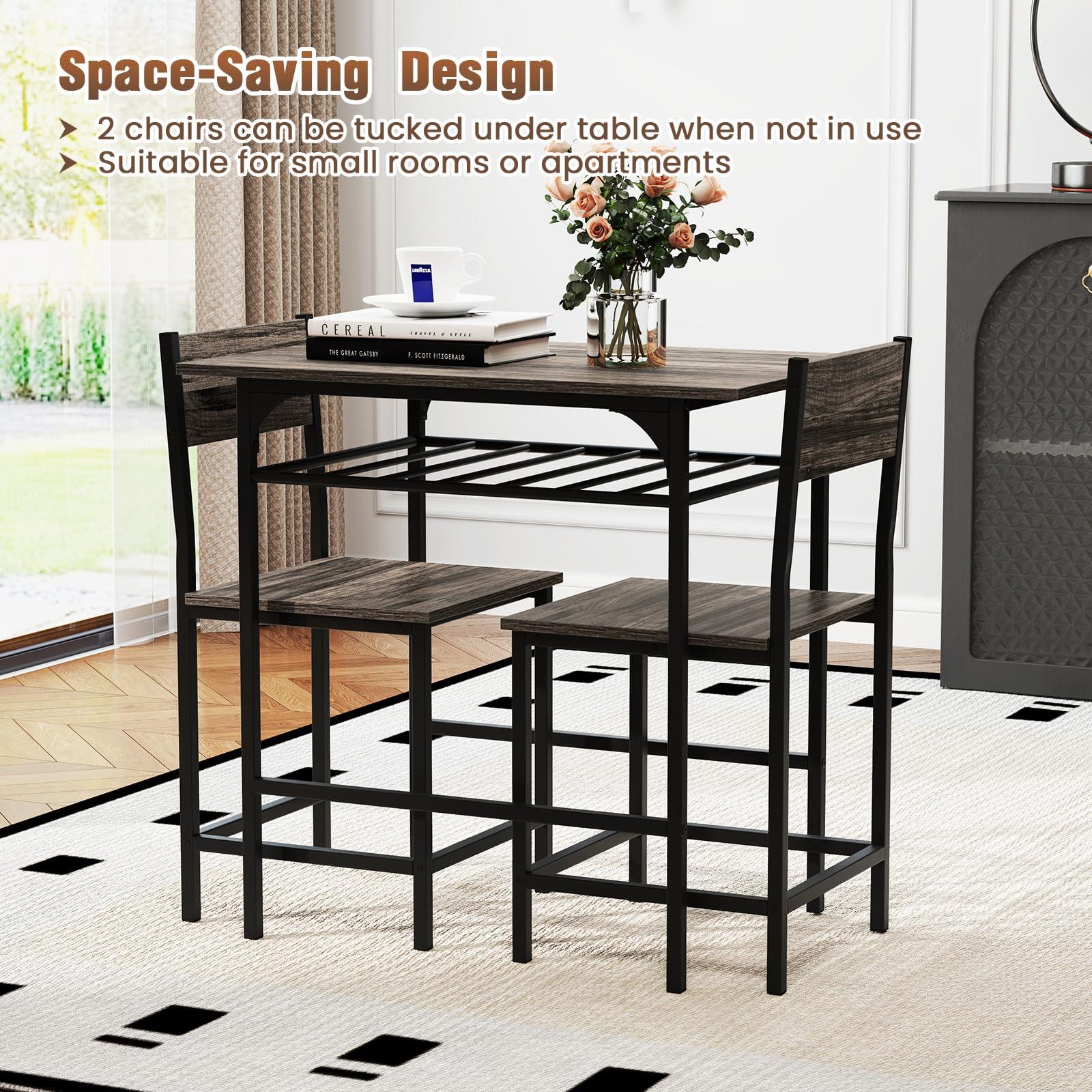 GOFLAME 3-Piece Dining Table Set for 2, Rectangular Wood Kitchen Table & Chair Set with Metal Frame, Storage Rack, Space-Saving Dinette Set for Breakfast Nook, Dining Room, Small Space, Grey - Image 6