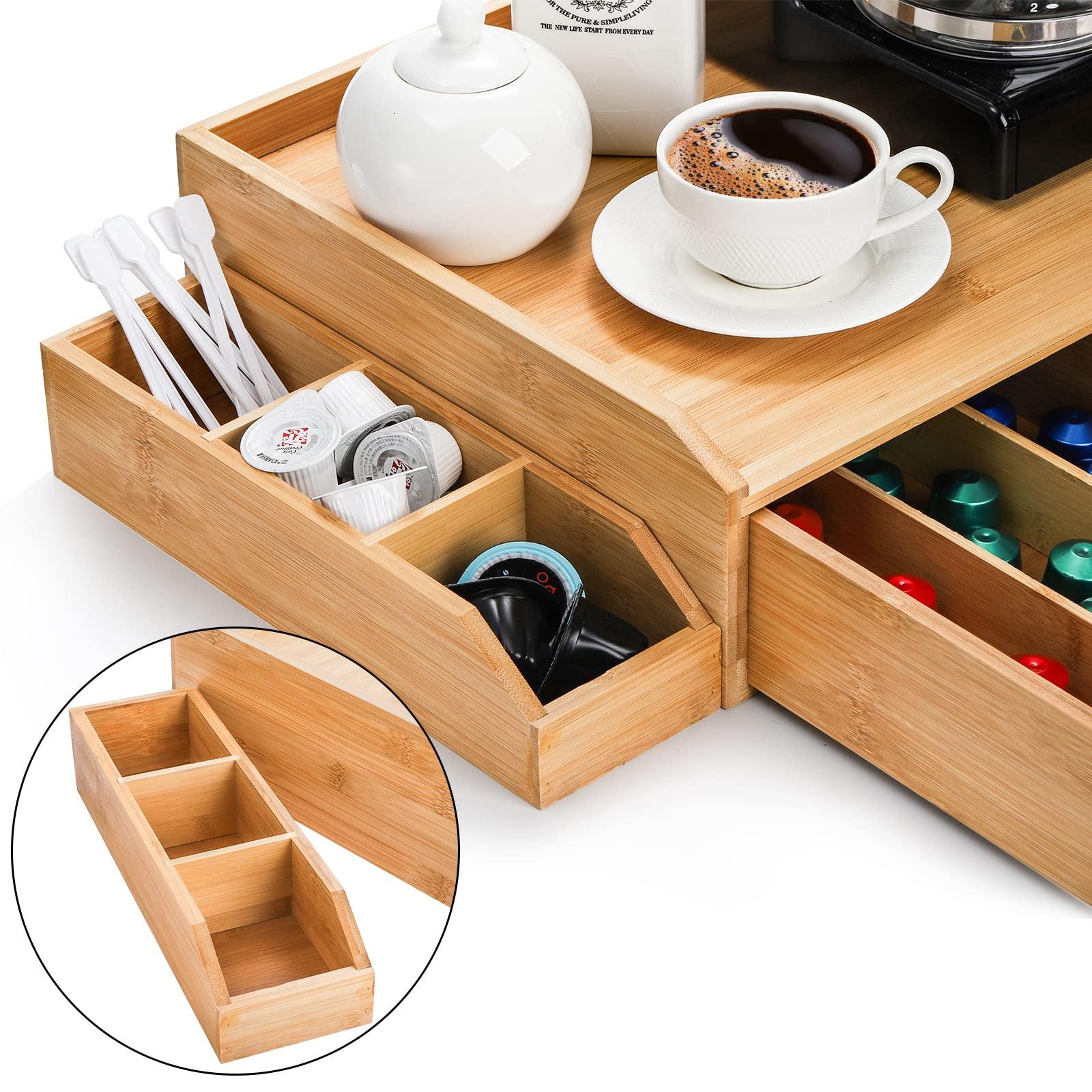 SOUJOY Bamboo Drawer Organizer for Coffee Pod, K Cup Organizer for Counter, Tea Bag Storage Organizer with Drawer and Side Storage Box for Kitchen Office Coffee Bar - Image 5