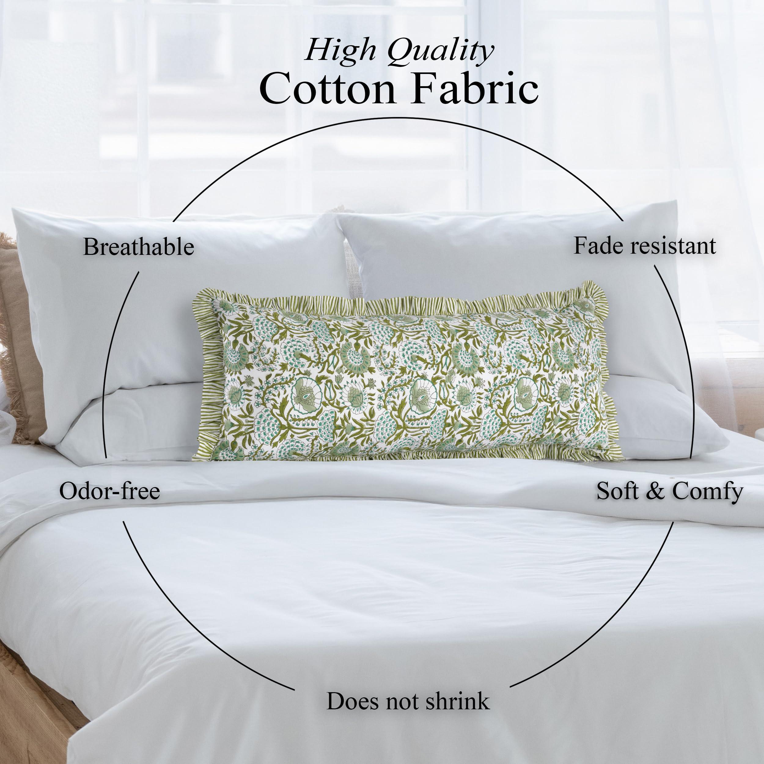 CPC Agate Green 100% Cotton Block Print Ruffle Sham Cover 14x36 inch, Handmade Boho Floral Pillowcase, Farmhouse Cottagecore Bedding, Soft Decorative Cushion Cover for Bedroom Décor - Image 7