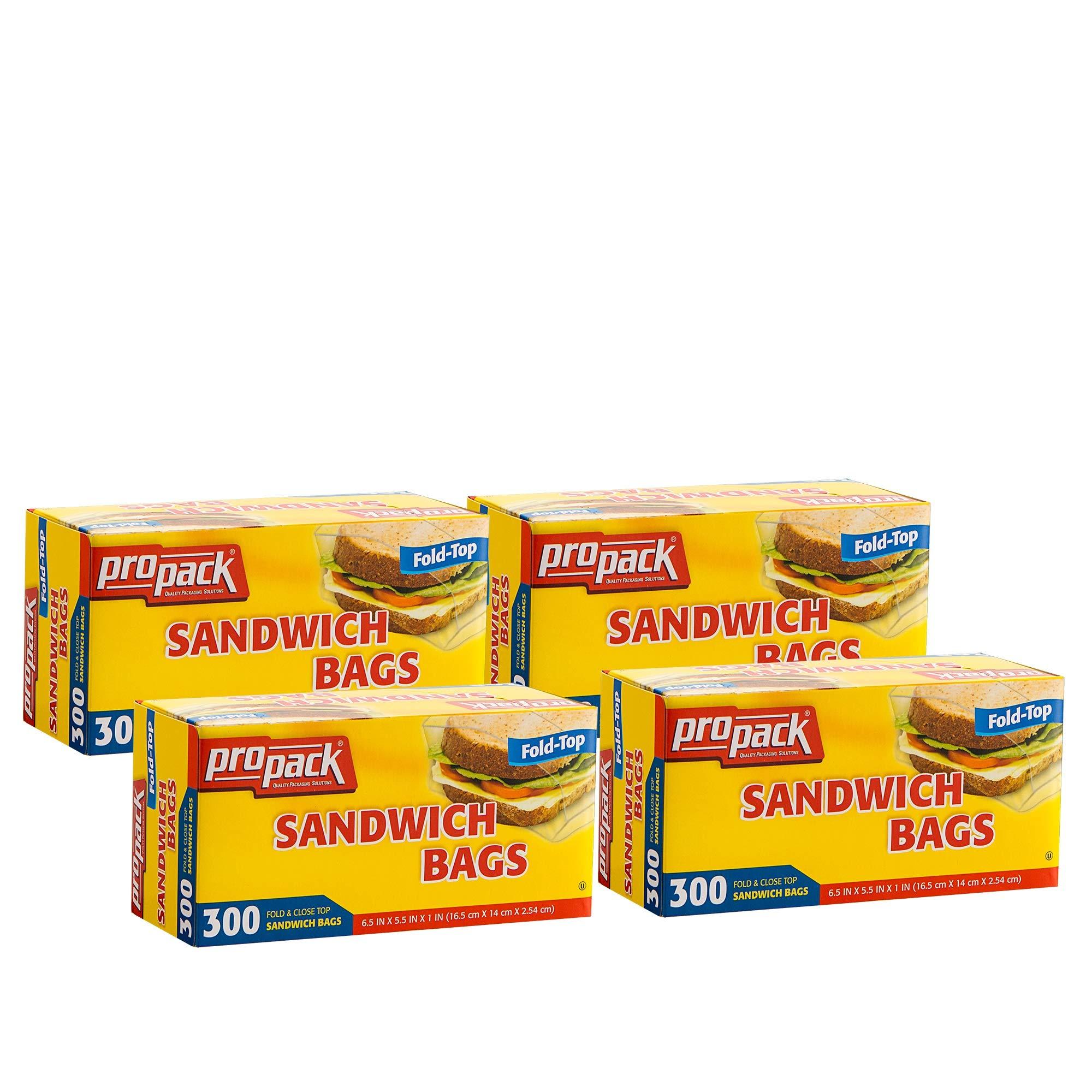 ProPack Disposable Plastic Sandwich Bags with Fold Close Top 1200 Bags, Great for Home, Office, Vacation, Traveling, Sandwich, Fruits, Nuts, Cake, Cookies, Or Any Snacks (4 Packs)