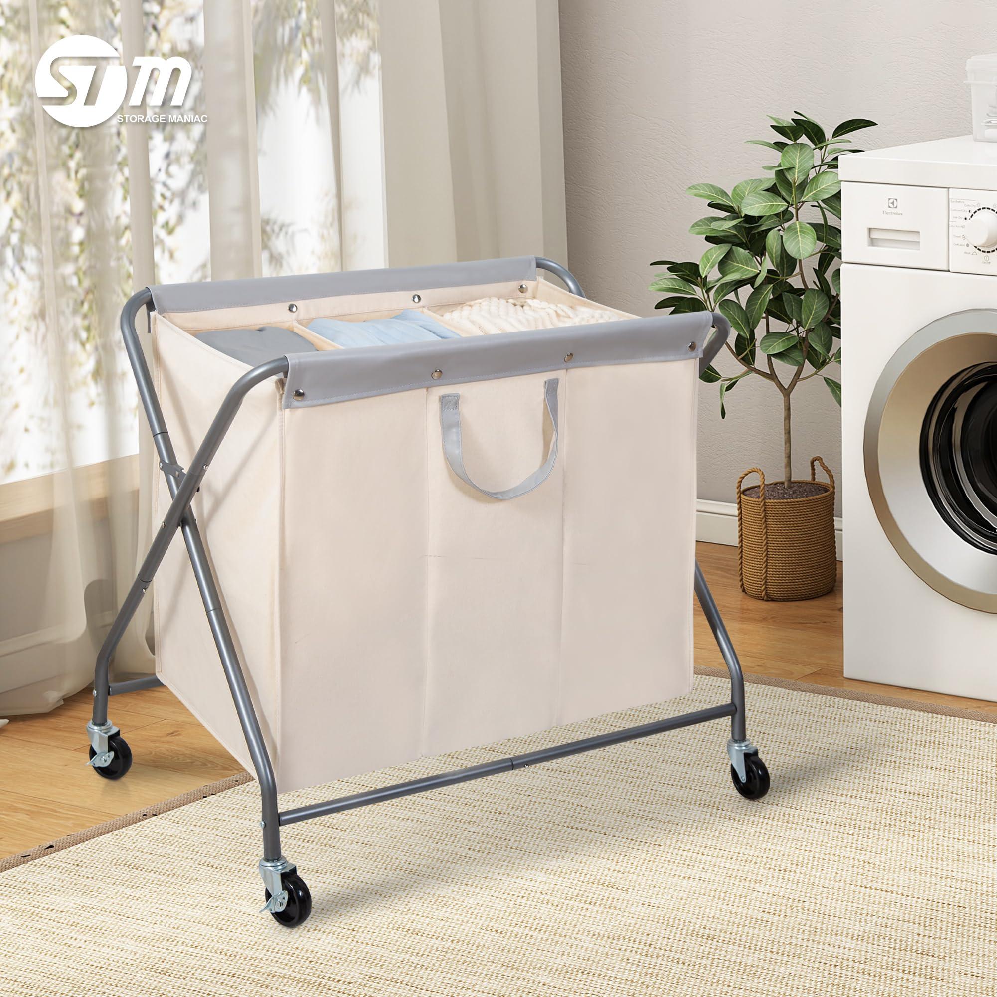 STORAGE MANIAC 160L Collapsible Laundry Hamper with Wheels, Rolling Laundry Basket, Heavy Duty Laundry Sorter with Removable Bag, Folding X Frame Laundry Organizer Cart for Easy to Store, 3 Section - Image 2