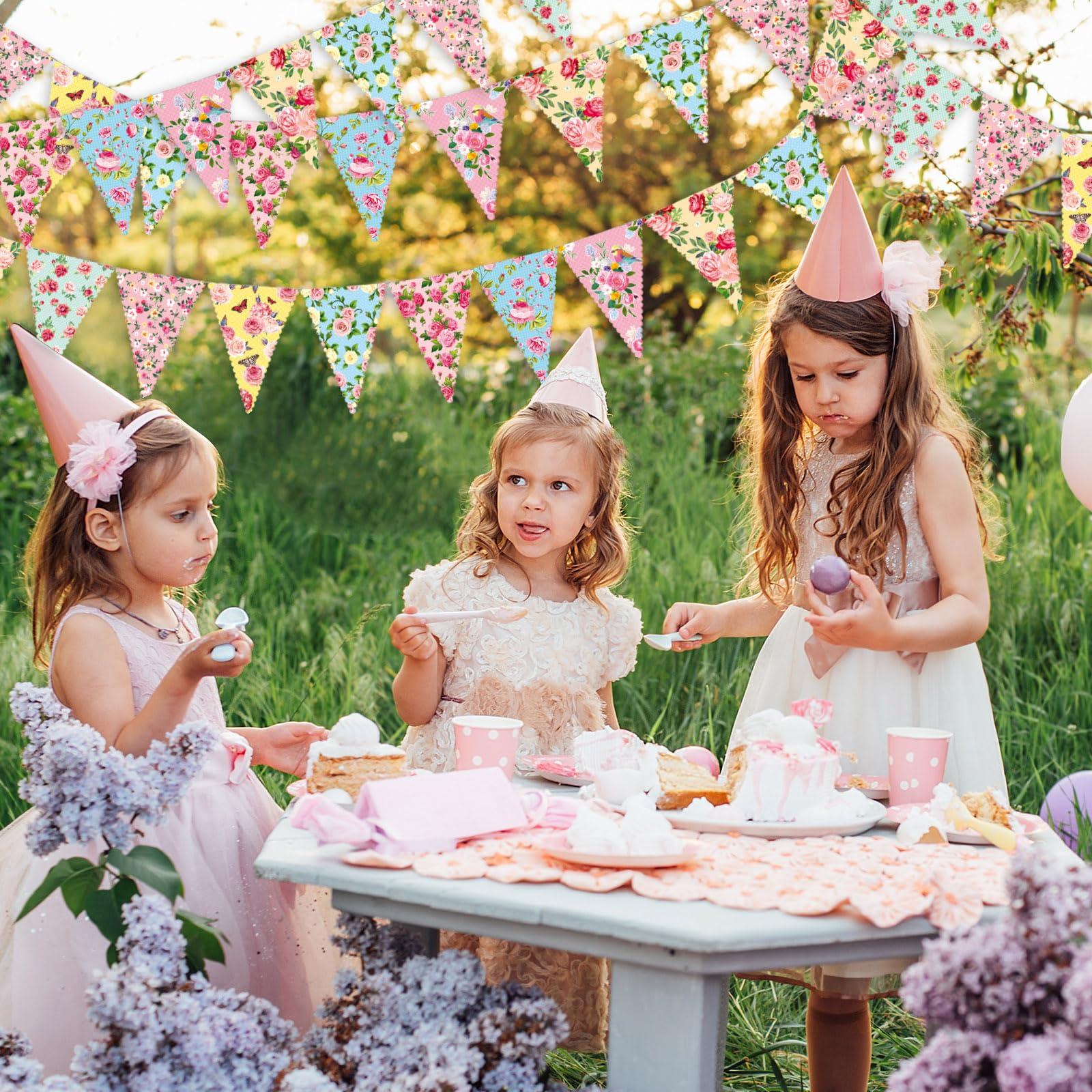 Faccito 49 ft 60 Pcs Tea Floral Party Paper Bunting Decor Outdoor Bunting Banner Floral Pennant Banner Tea Party Birthday Supplies for Wonderland Garden Baby Shower Bridal Wedding Bedroom - Image 2
