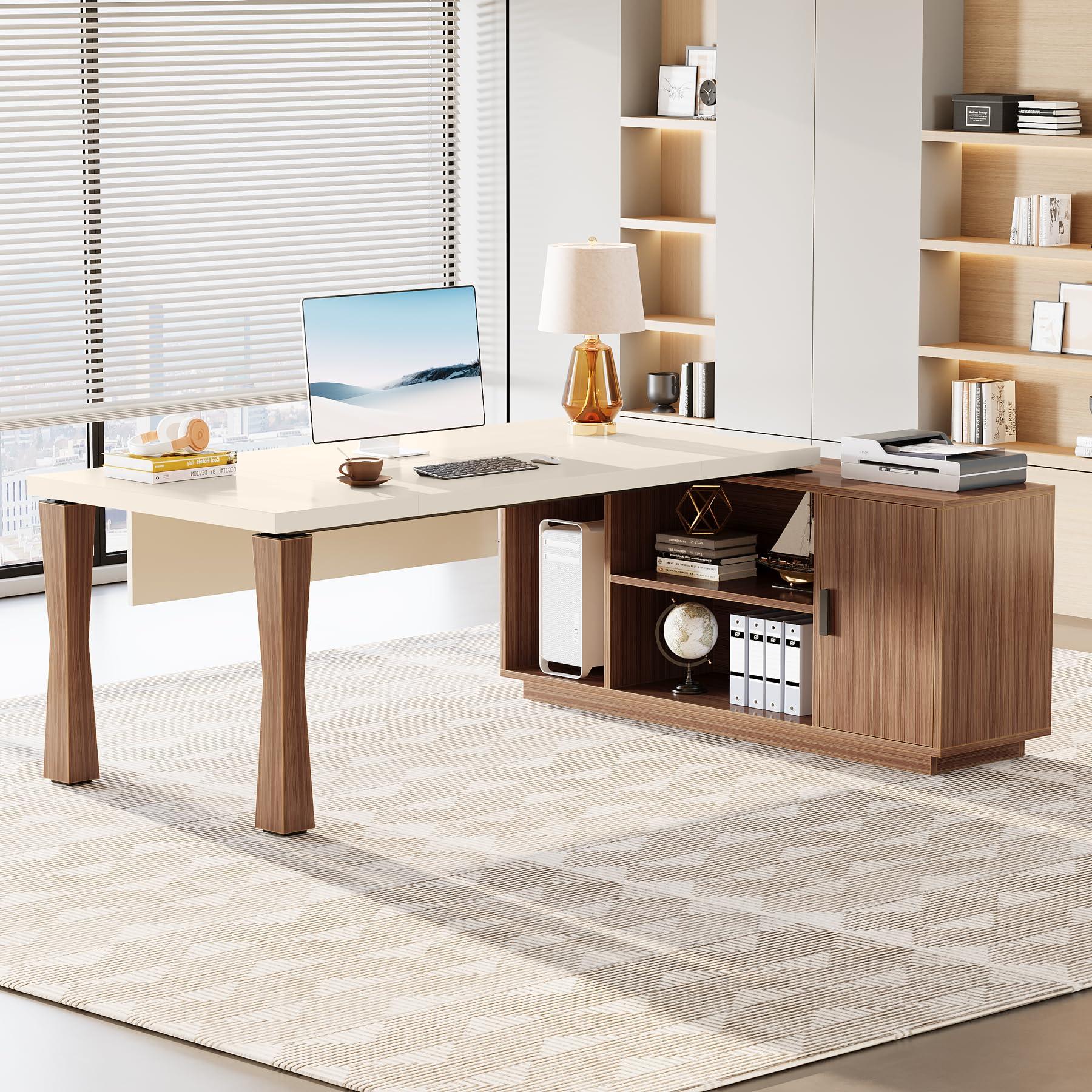 Tribesigns 78.7-Inch Executive Desk, L-Shaped Desk with Cabinet, Large Office Desk with Storage Shelves, Writing Table Business Furniture Set for Home Office, Cream White Walnut - Image 6