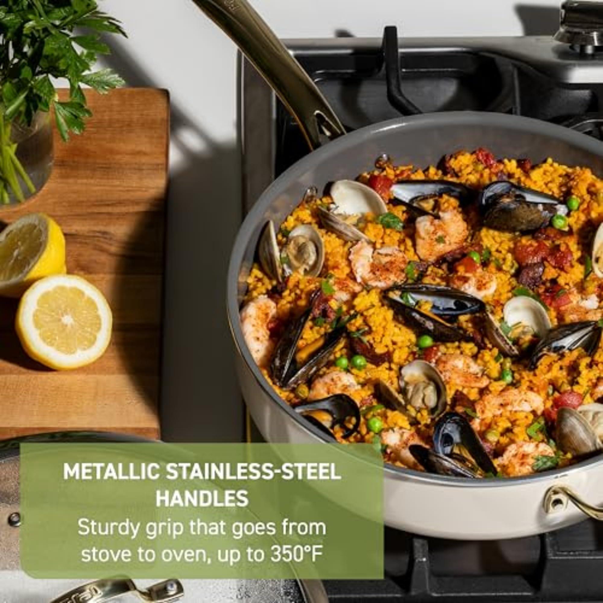 T-fal Preserve Ceramic, Non stick Cookware Set 13-Piece, Made without PFOA and PTFE, Oven & Broiler Safe up to 350°F, Includes Stockpot, Saucepans, Frying Pans, Protectors, Pots and Pans, Beige - Image 5