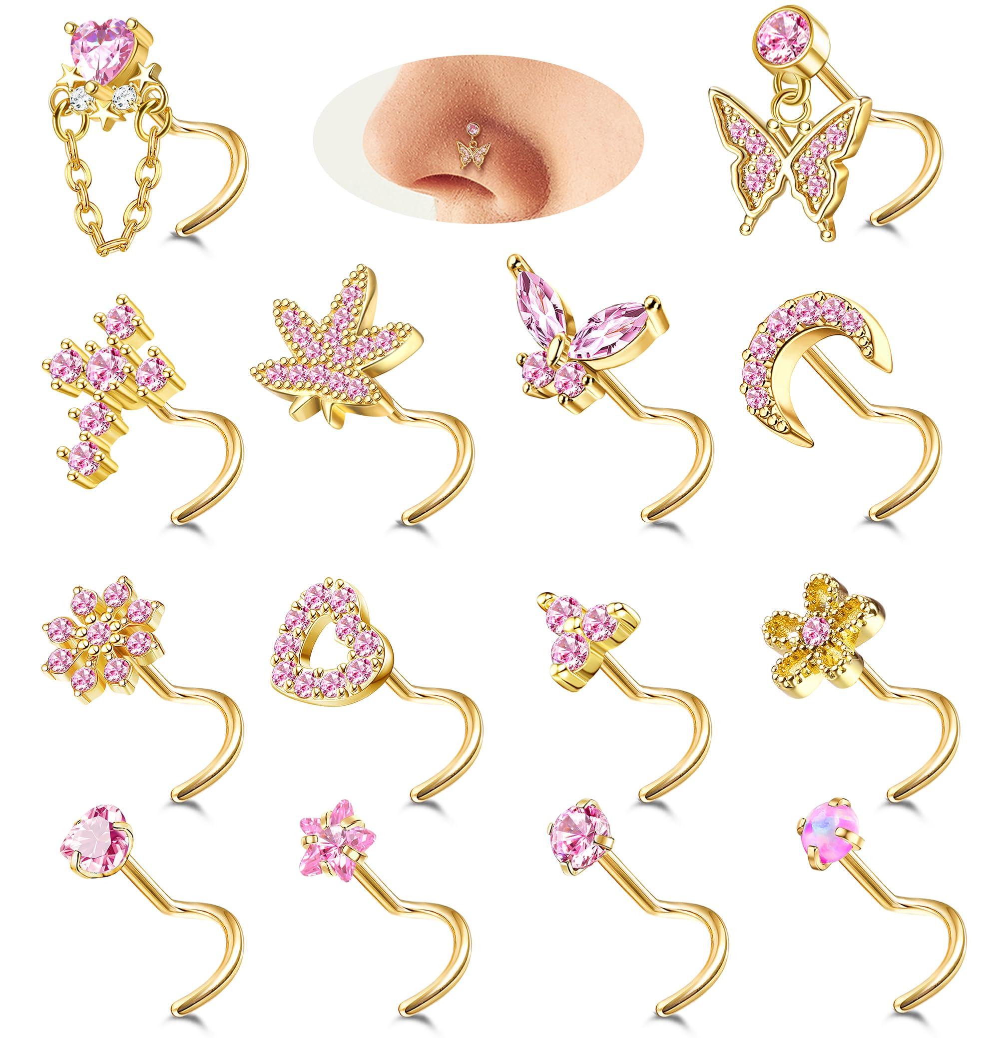 Drperfect Gold Silver Nose Rings Nose Studs for Women Nose Piercings 20G L Shaped Corkscrew Dangle Nose Rings Studs Simulated Diamond Pink CZ Opal Dangling Dangly Hanging Nose Piercing Jewelry with Heart Star Butterfly Flower Cross Moon Charm Cute Dainty Nose Jewelry