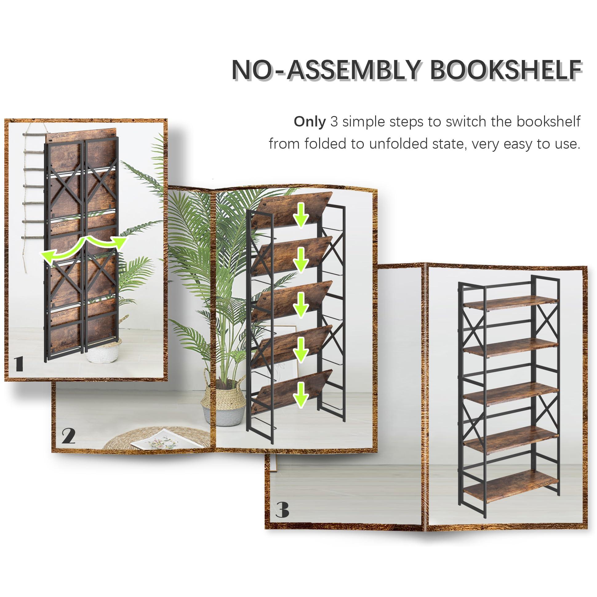 4NM 5 Tiers No Assembly Book Shelves, Black Folding Bookshelf Bookcase Open Industrial Foldable Shelves for Bedroom, Living Room, Home Office - Rustic Brown Black - Image 6