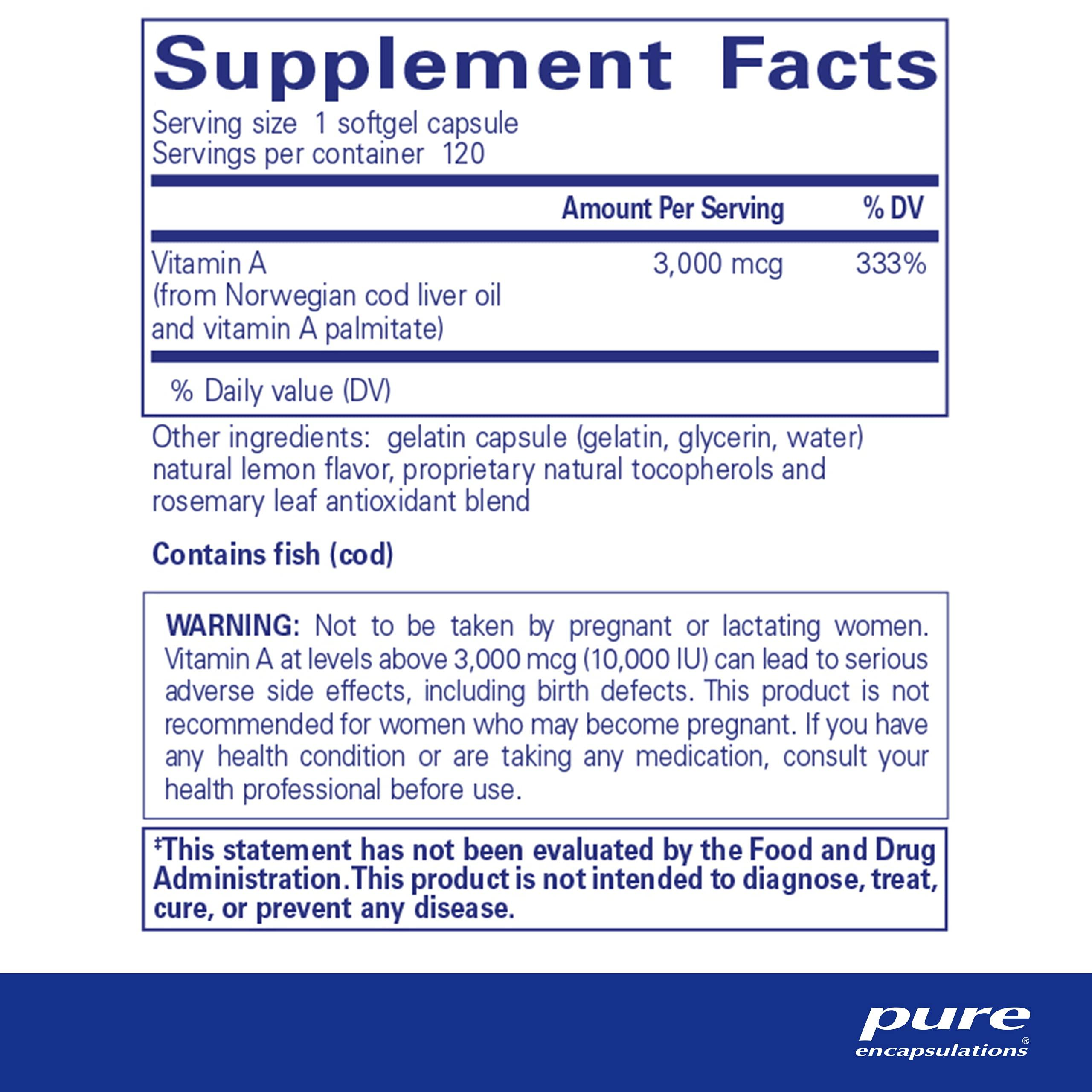 Pure Encapsulations Vitamin A - 3,000 mcg - from Cod Liver Oil - Immune & Vision Support* - Vitamin A Palmitate Supplement - Non-GMO - 120 Softgel Capsules - Image 2