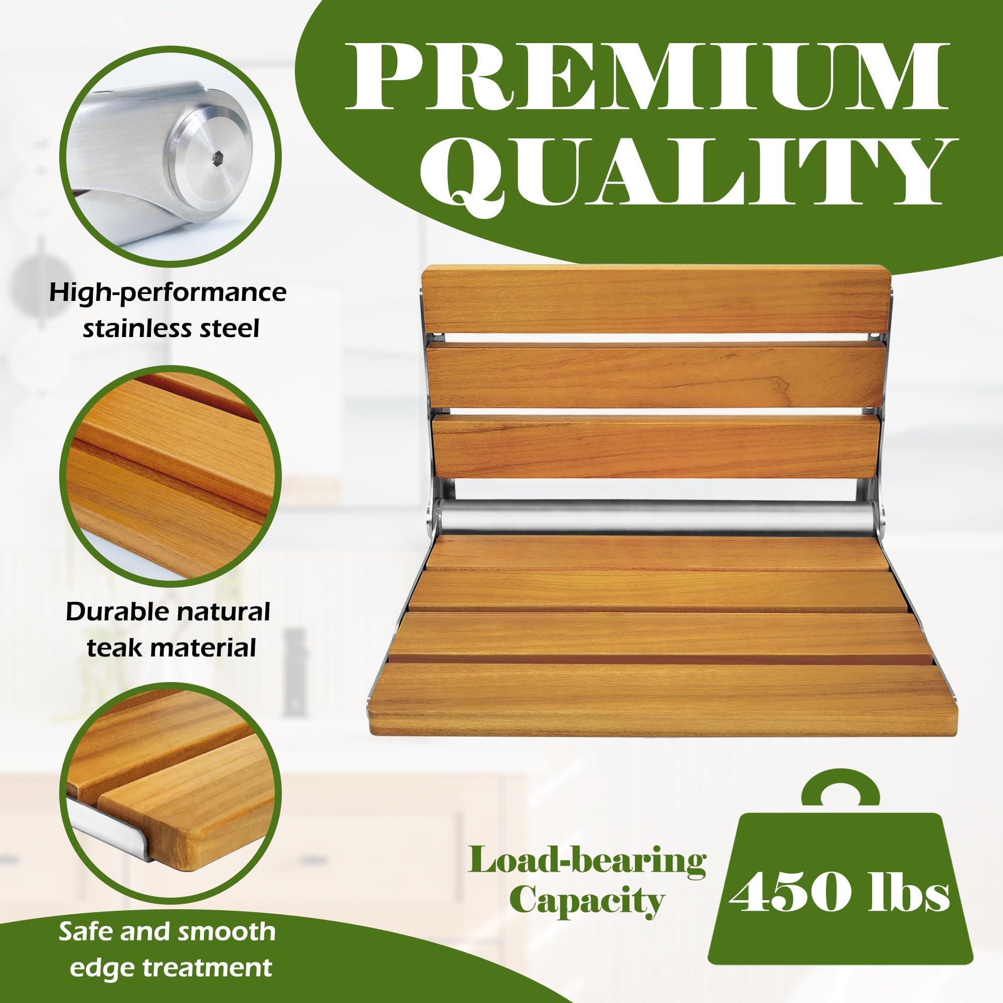 Koretech Folding Shower Seat Teak, Folding Shower Seat Wall Mounted, Foldable Shower Chair for Home Care, 450 lbs Capacity (Stainless Steel, 13'' D x 17'' W x 10'' H) - Image 6
