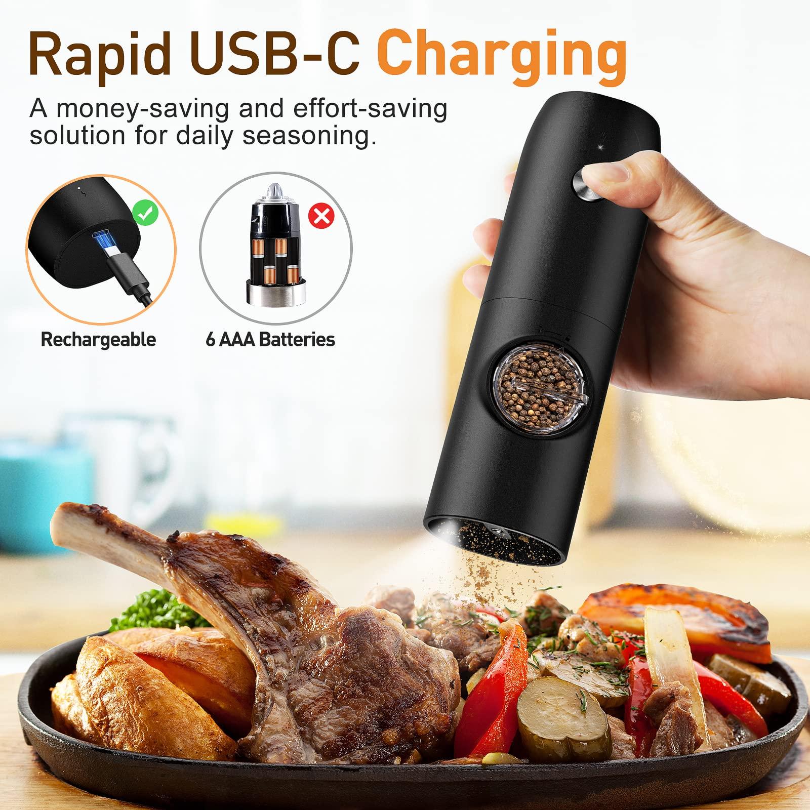 Electric Salt and Pepper Grinder Set, Rechargeable Automatic Pepper Mill Grinder with LED Light, Adjustable Coarseness shakers, One-Hand Operation for Kitchen(2 Pack,Black+White) - Image 3