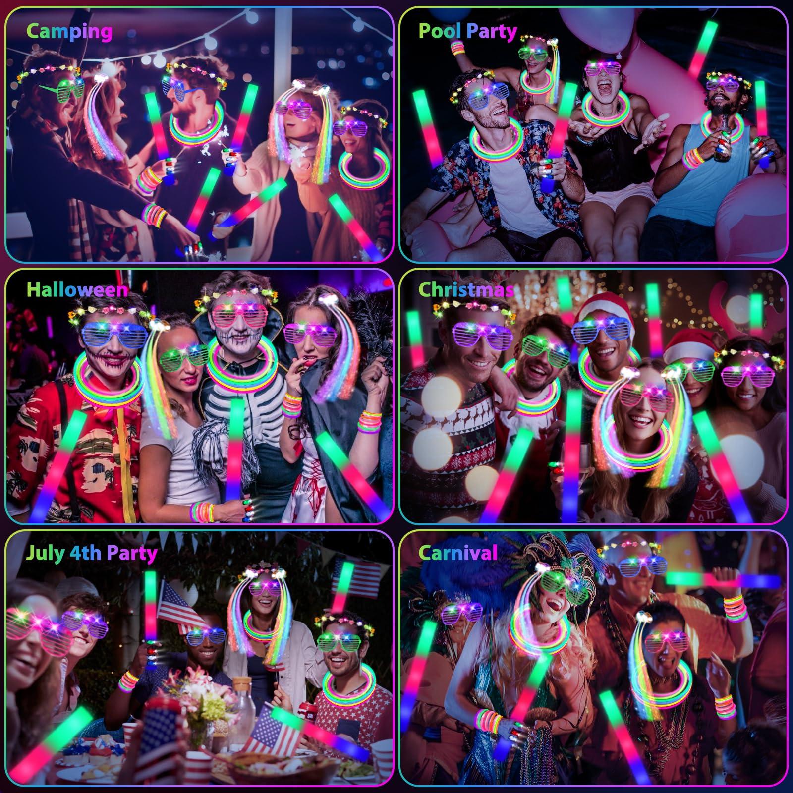 302 PCS Glow in the Dark Party Supplies, 20 LED Hair Clips Fiber Optic, 16 LED Glasses, 16 Foam Glow Sticks, 10 Light Up Flower Crowns, 40 Finger Lights,200 Glow Sticks for Glow Party Wedding Birthday - Image 7