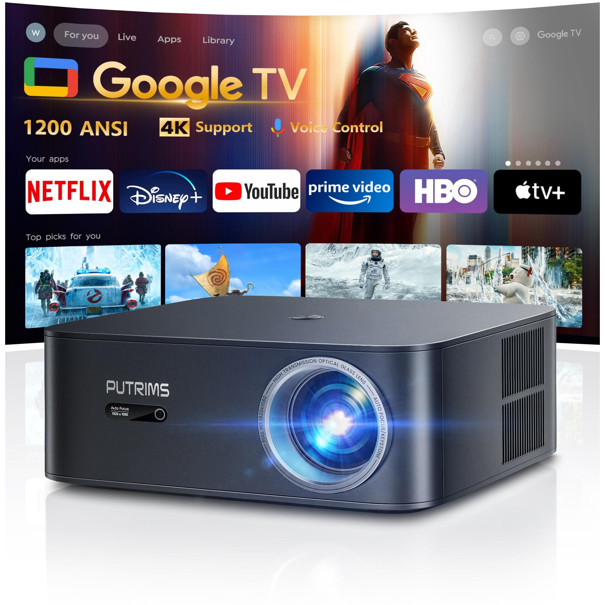 [1200 ANSI/Google TV/Voice Control]Smart Projector with WiFi 6 and Bluetooth, Netflix-Licensed 4K Support, Outdoor Movie Proyector, 1080P Home Ceiling Auto Focus Projector, PUTRIMS K12 Gray