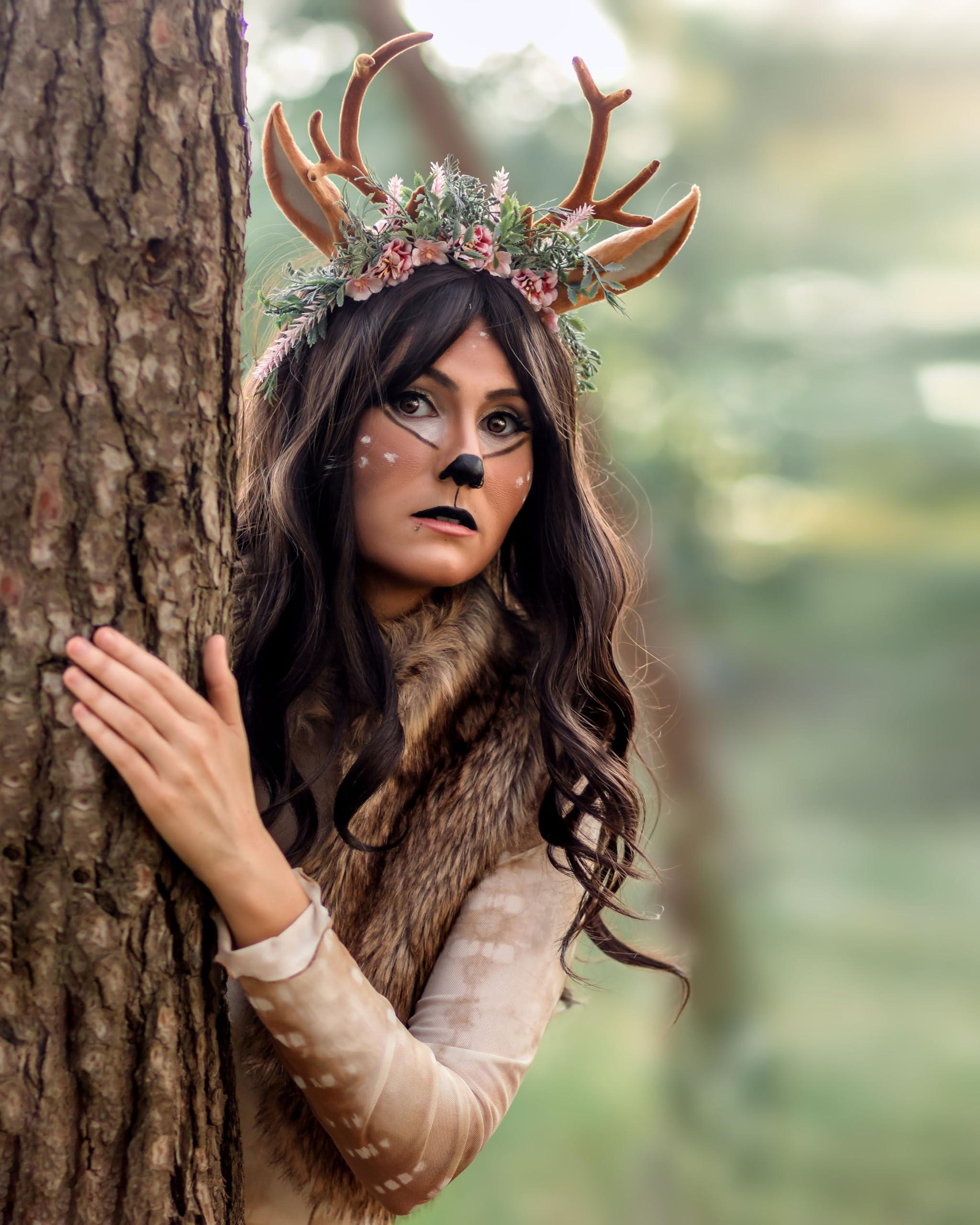 MOSTORY Handmade Antler Headband Brown - Adjustable Reindeer Horns Crown with Ears Fairy Flower Woodland Headpiece for Renaissance Christmas Cosplay Prom Fae Ball Costume Photo Prop - Image 4