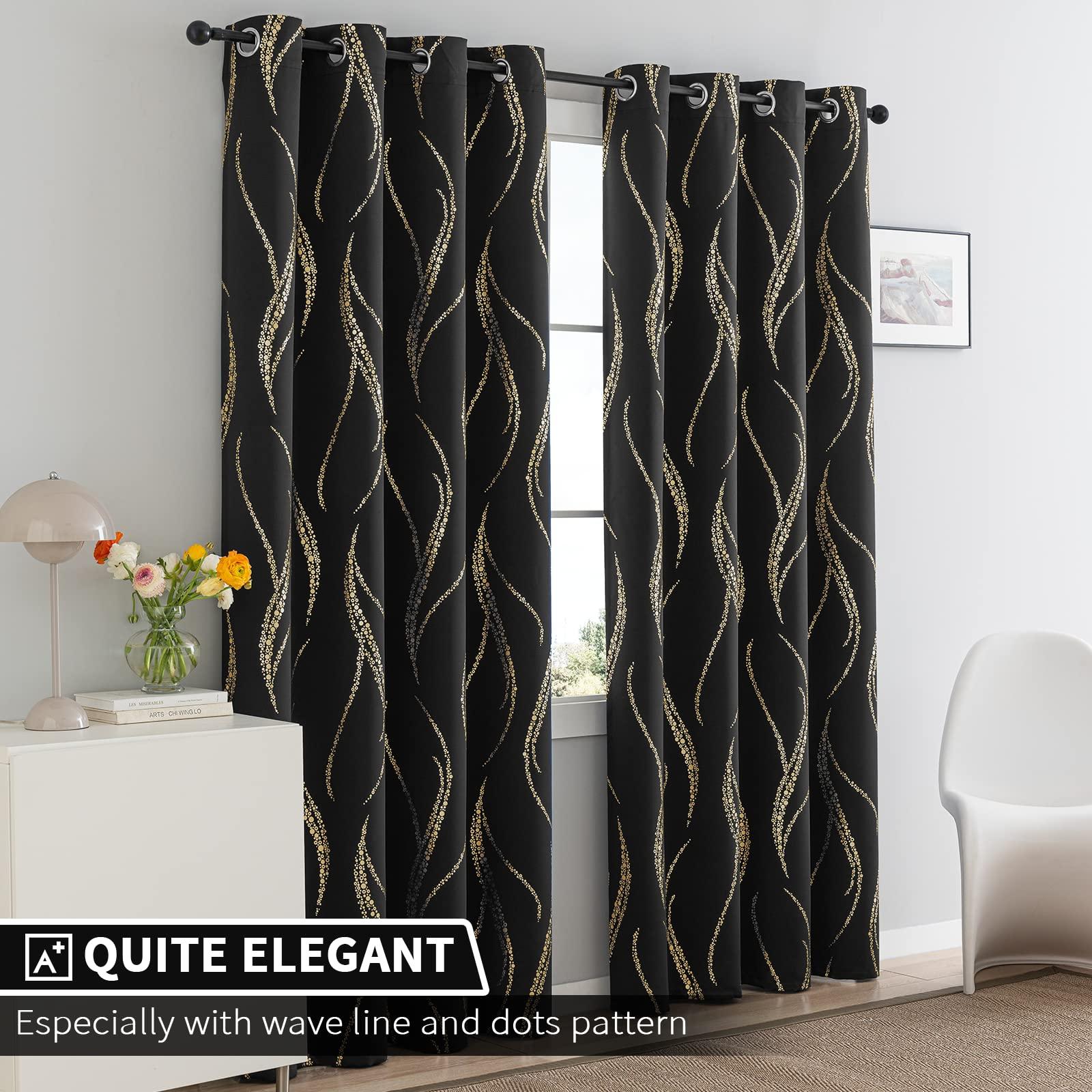Yakamok Blackout Curtains for Livingroom - Wave Line with Dots Gold Print Design Noise Reducing Thermal Insulated Solid Ring Top Blackout Window Drapes for Livingroom (2 Panels, 52 x 84 Inch, Black) - Image 2