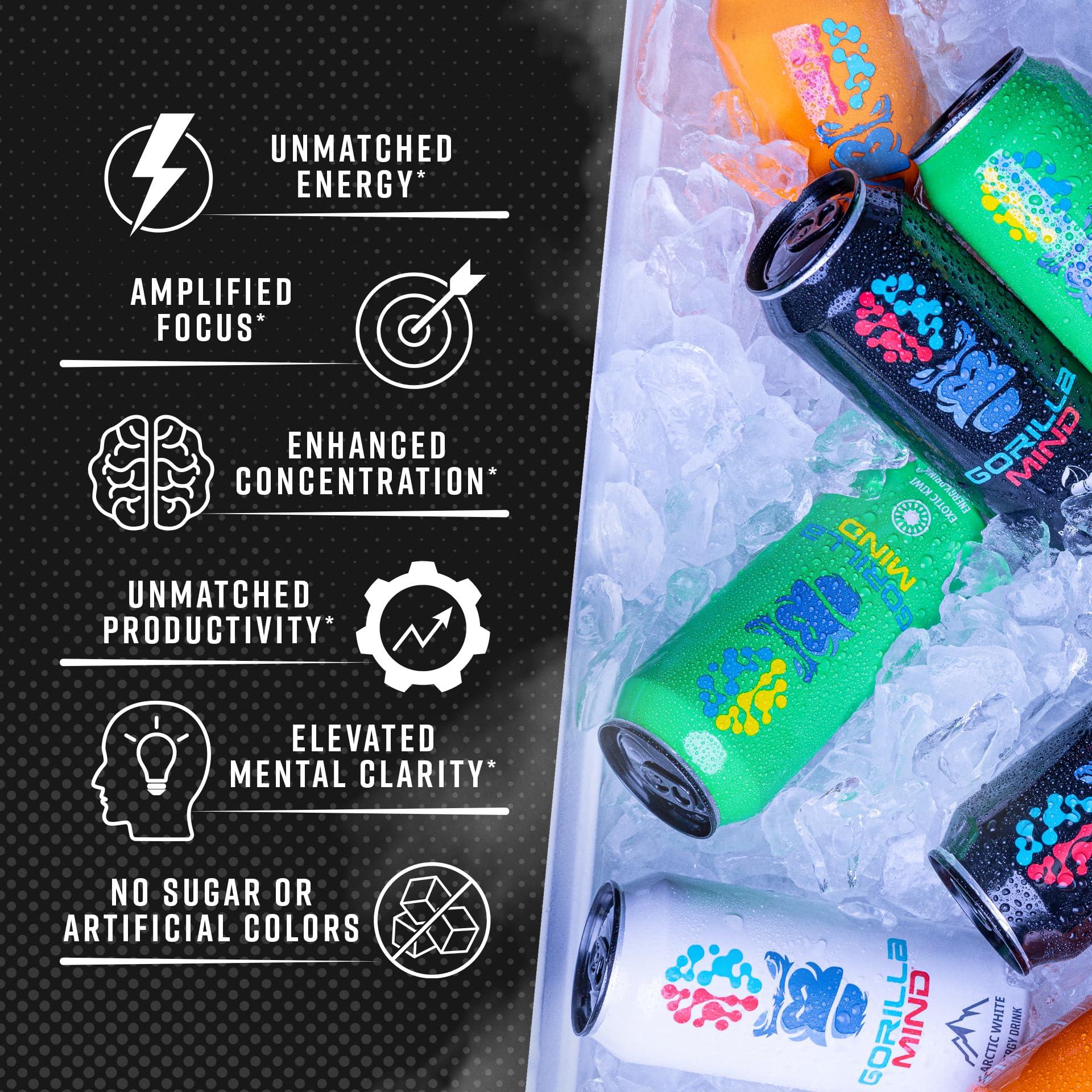 Gorilla Mind Energy Drink | Unmatched Energy · Amplified Focus | N-Acetyl-L-Tyrosine, Alpha-GPC, 200mg Caffeine, Uridine, Saffron | 0 Sugar Or Artificial Colors | 16oz, 12-Pack (Wild Grape) - Image 3