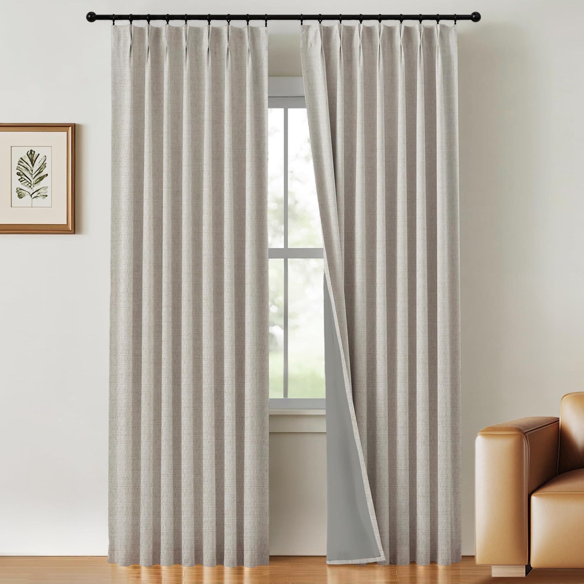 Gleantdeco 96 Inch Long Natural Linen Pinch Pleated 100% Blackout Curtains & Drapes,Bedroom/Livingroom Farmhouse Curtains 2 Panel Sets,Room Darkening Thermal Insulated Window Curtain
