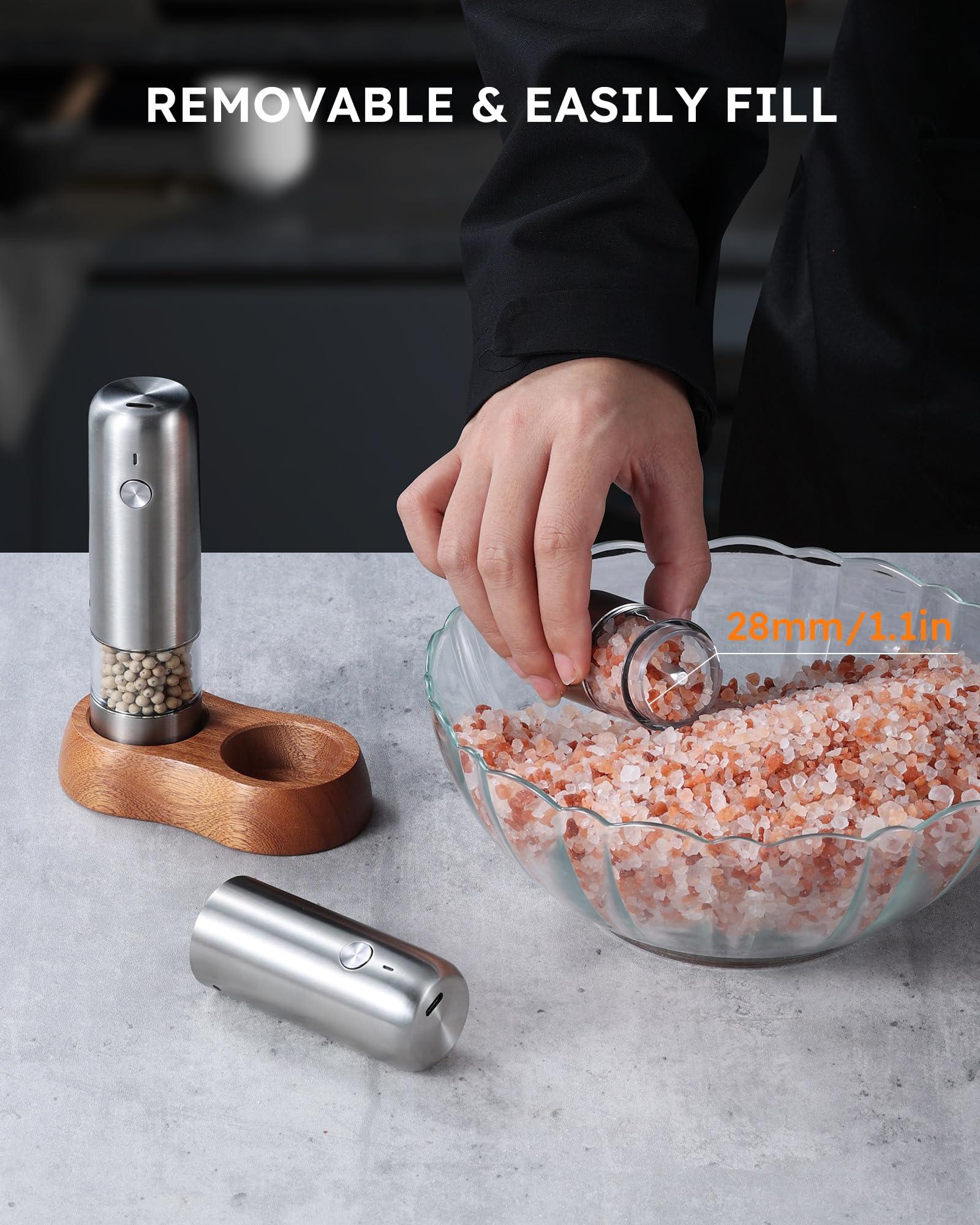 FORLIM Mini Electric Salt and Pepper Grinder Set with Wood Base, USB Rechargeable, Small Automatic Salt Pepper Mill Grinder, Travel/Outdoor BBQ/Children, One-Button Control (2 Packs, Stainless Steel) - Image 7