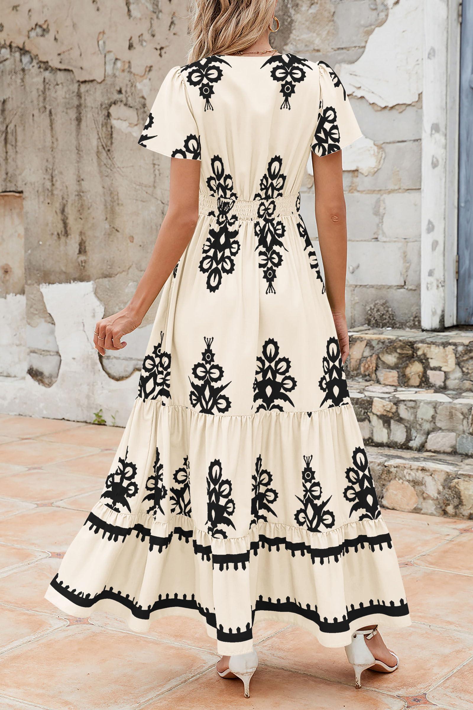 PRETTYGARDEN Womens 2025 Summer Casual V Neck Boho Maxi Dress Flowy Aline Bell Sleeve Tiered Floral Dresses with Pocket - Image 2